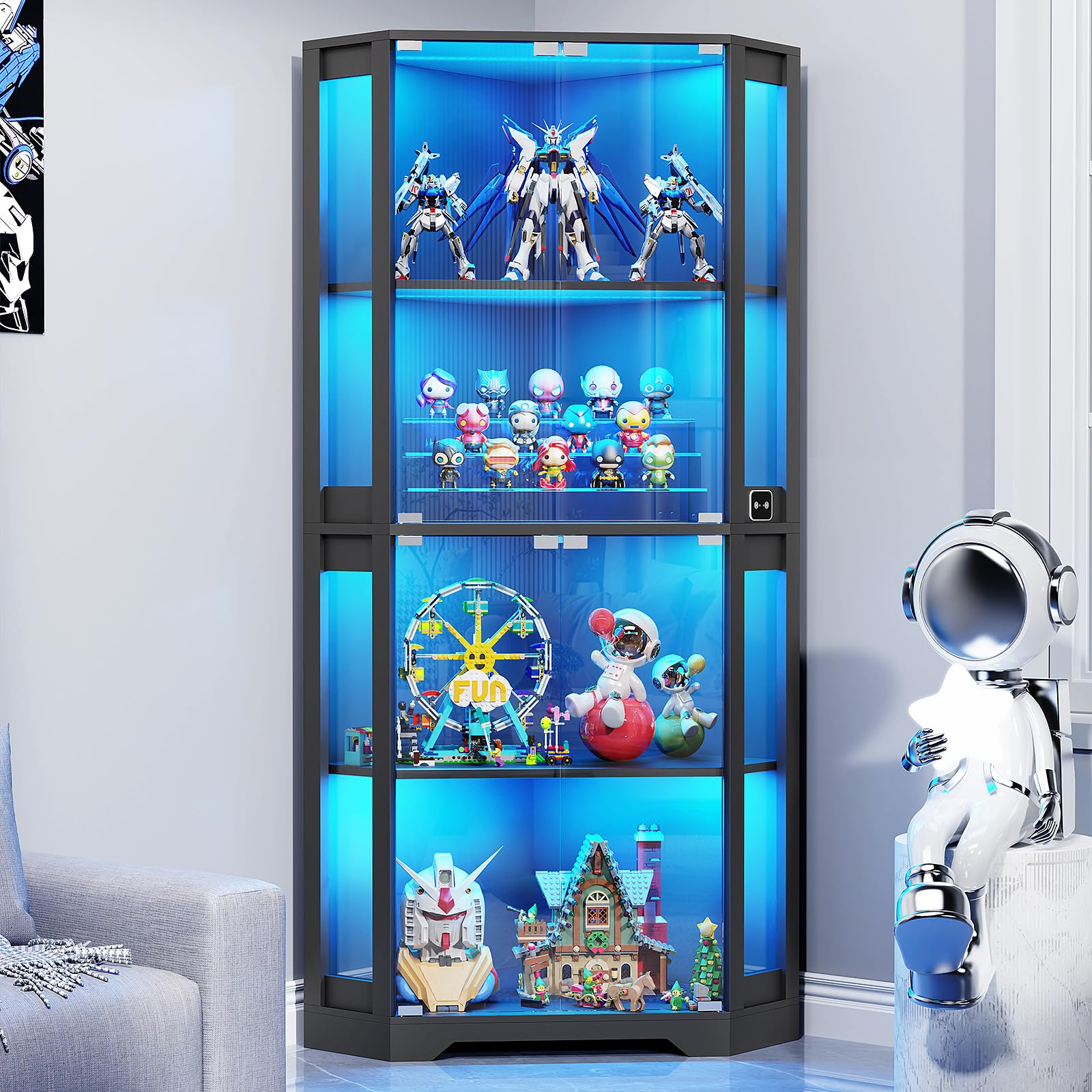 4-Tier Corner Glass Display Cabinet with LED Lights