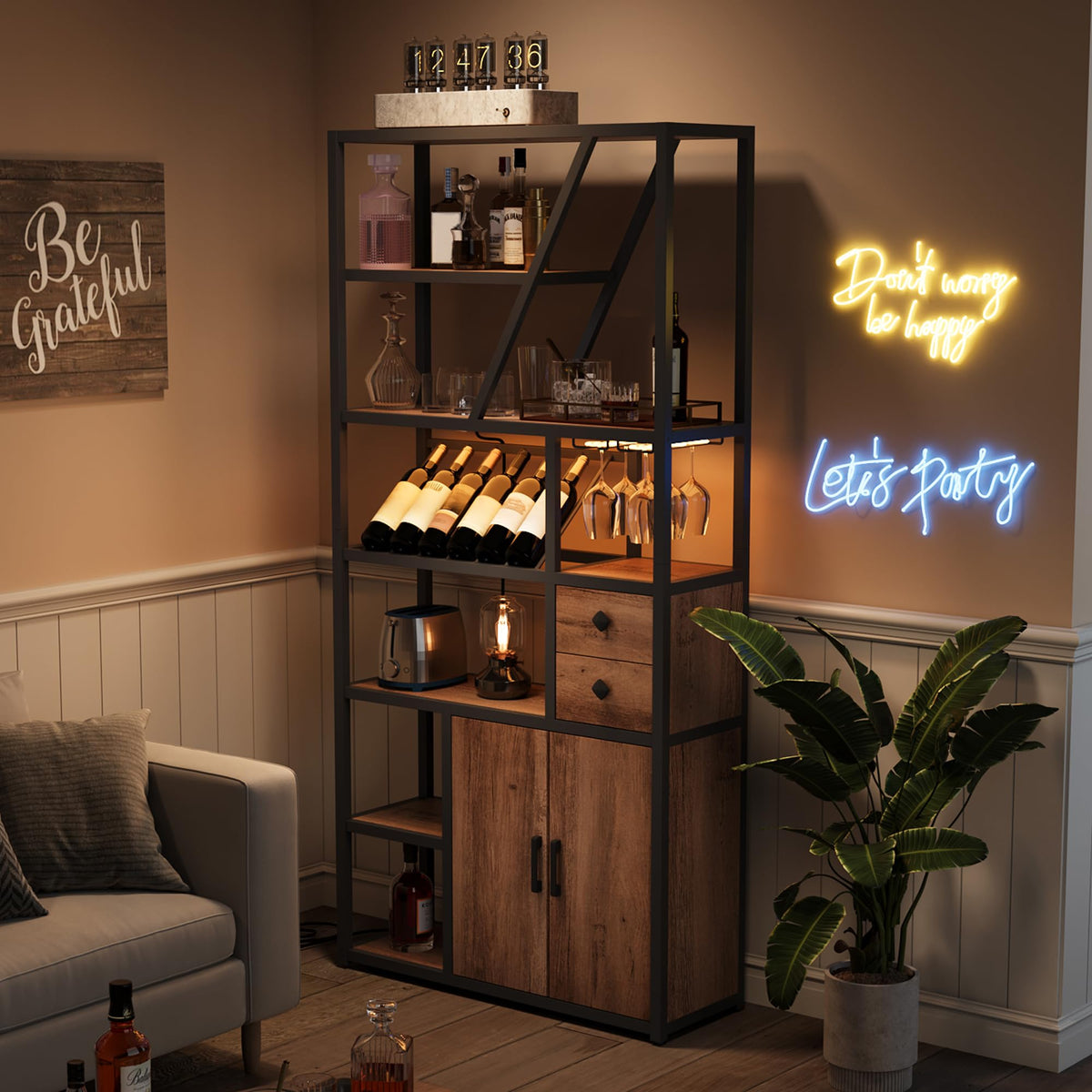 IDEALHOUSE Bar Cabinet with Wine Rack, Liquor Stand with Glass Holder & LED Lights, Coffee Sideboard Cabinet for Living Room, Home Bar