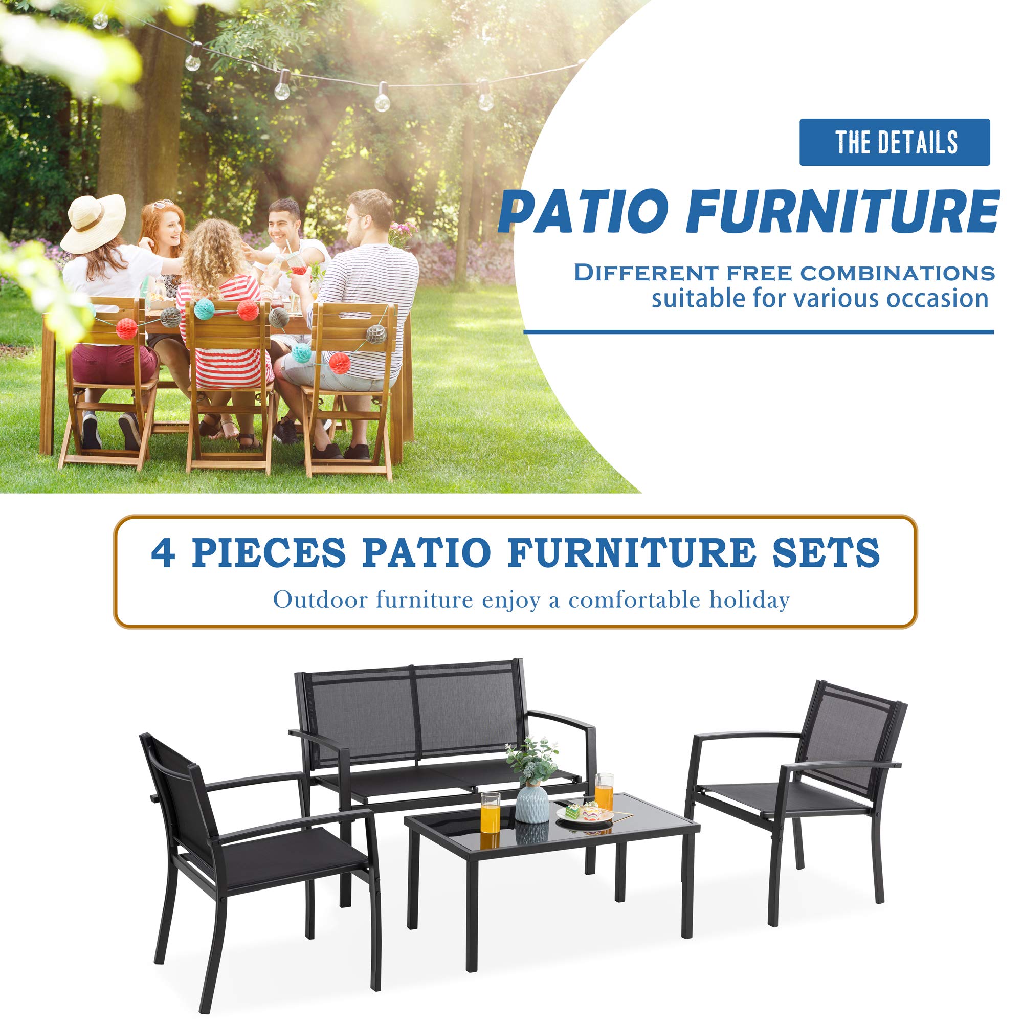 4-Piece Patio Conversation Set with Glass Coffee Table