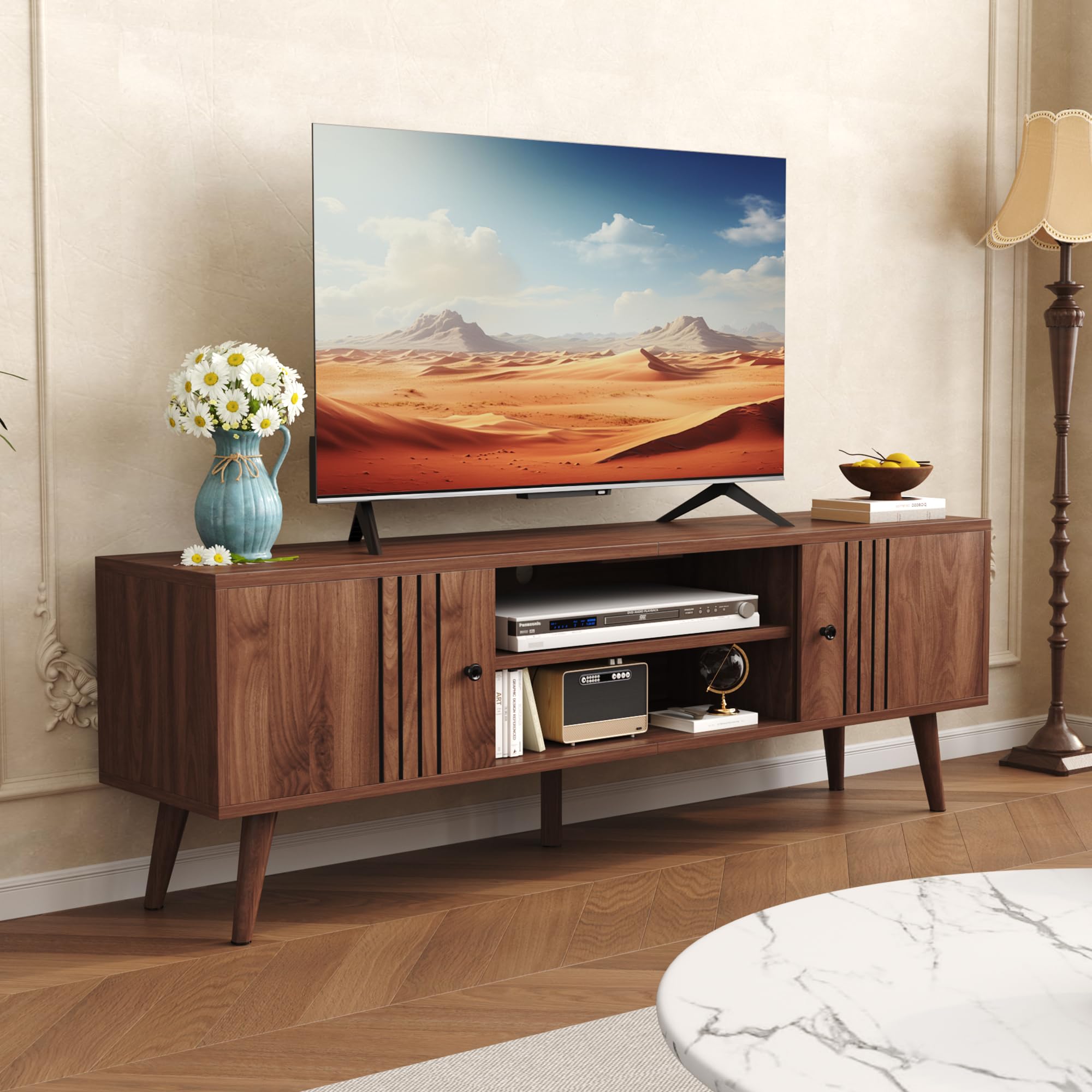 Mid-Century TV Stand with Sliding Door – Fits TVs up to 65"