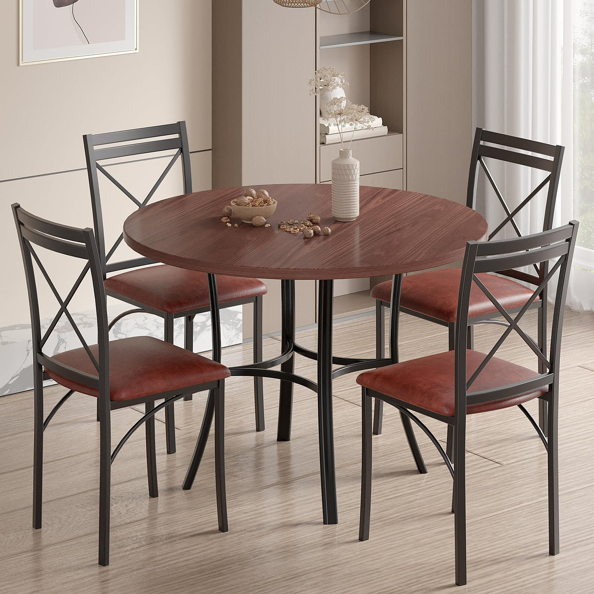 Round Wood-Grain Dining Table