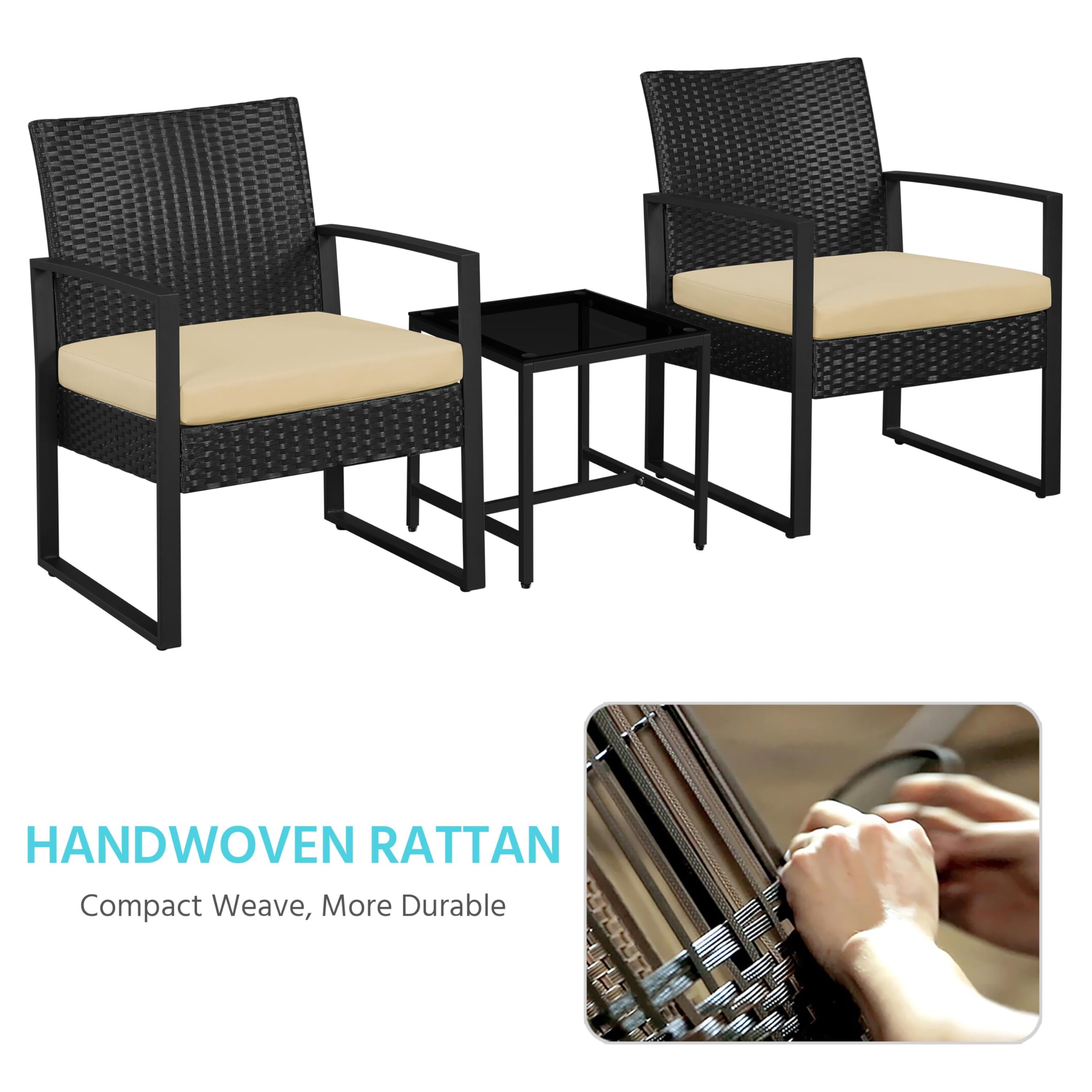 3-Piece Rattan Bistro Set with Tempered Glass Coffee Table