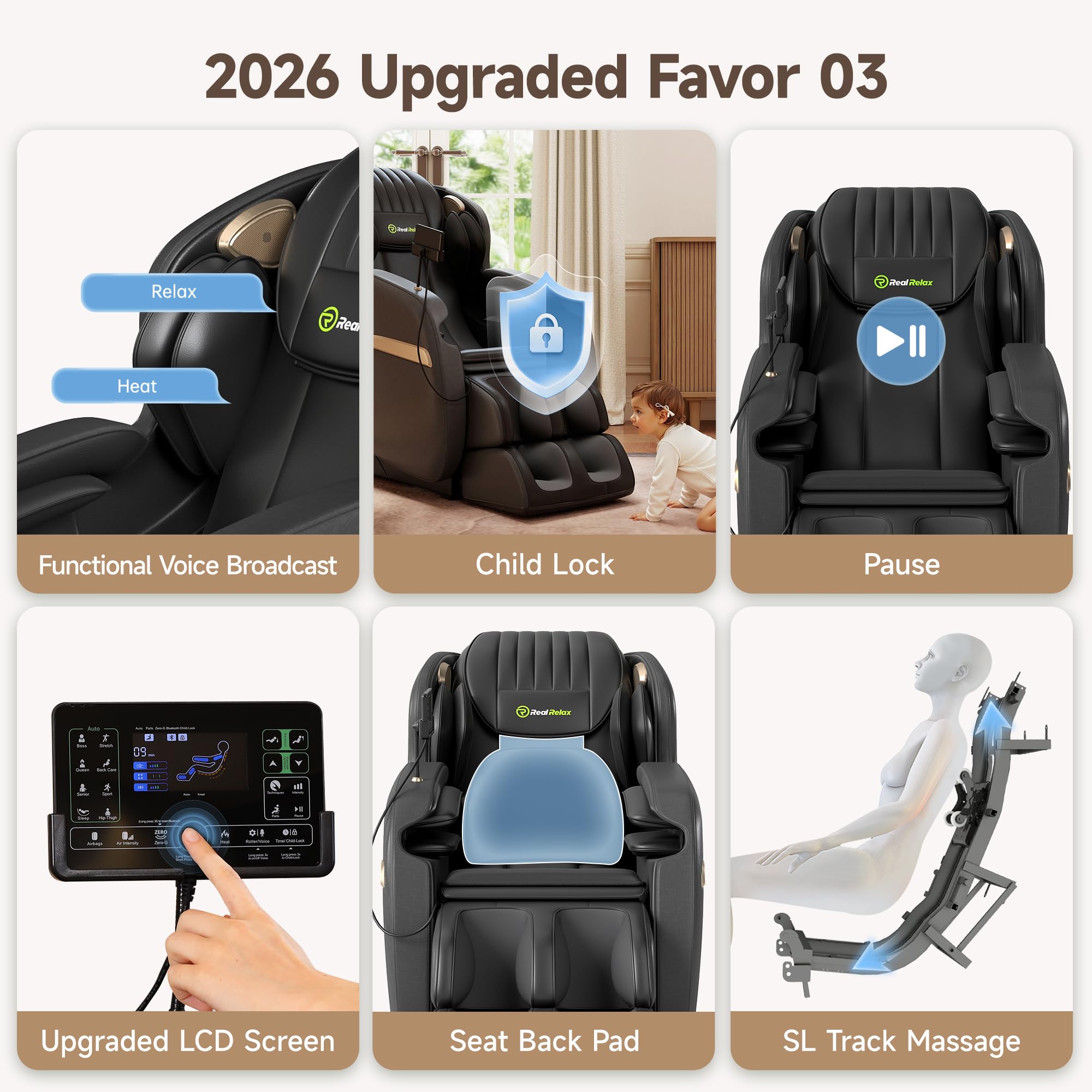 Real Relax 2026 Upgraded 2D SL-Track Massage Chair,Recliner Full Body Zero Gravity with 8 Auto Modes and Upgraded LCD Screen,Added Voice Broadcast,Headrest Cushion,Child Lock and Pause Button,Black