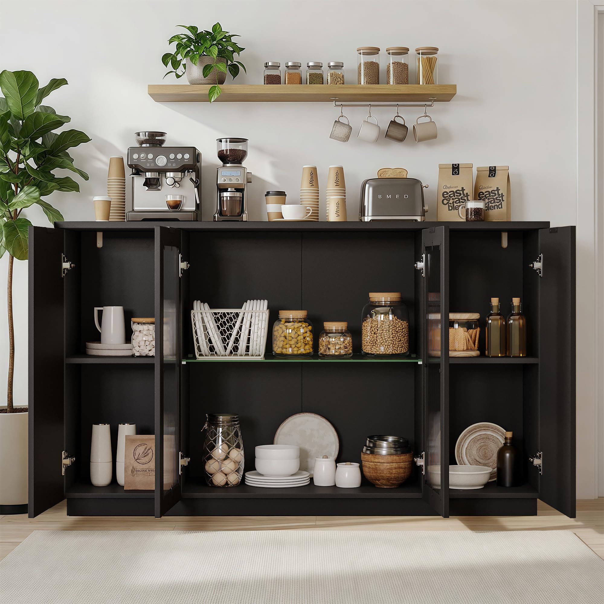 Einhomn 55" Sideboard Fluted Buffet Cabinet with Storage, Glass Doors & Led Lights, Coffee Bar Station with Adjustable Shelves, Modern Wood Cabinet for Kitchen, Living Room, Black