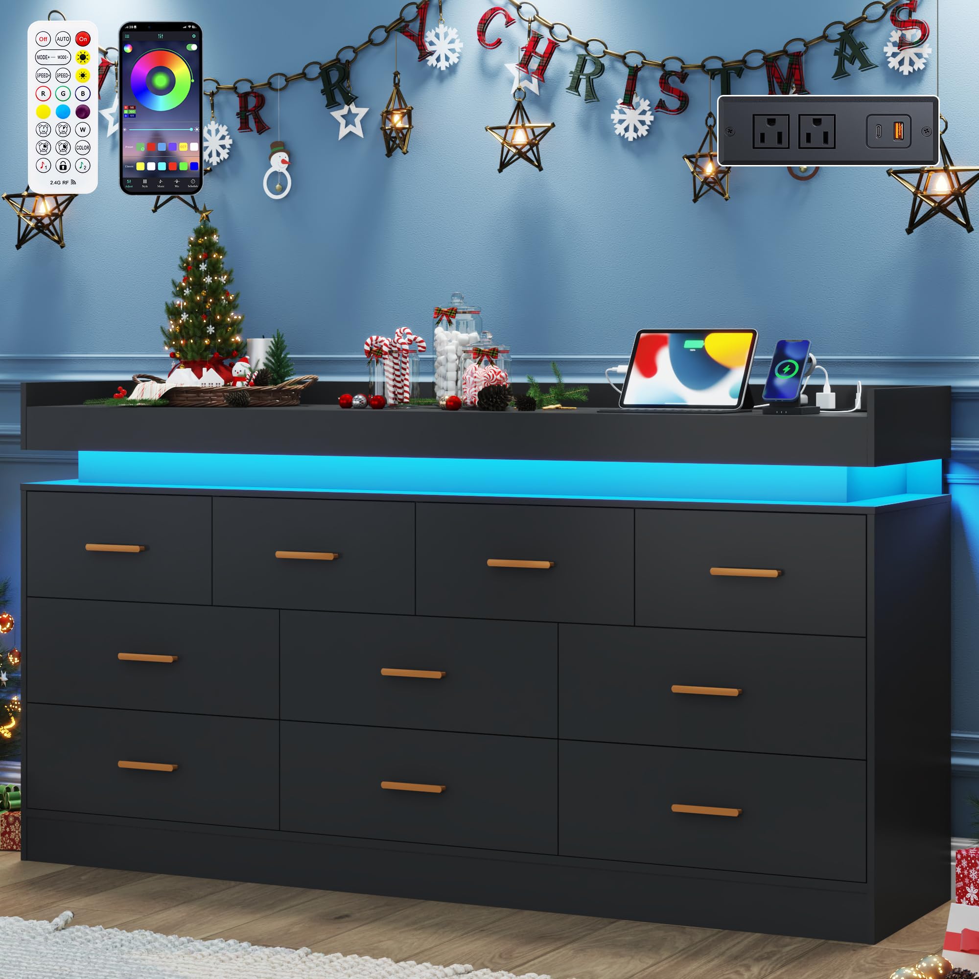 10-Drawer Dresser with Power Outlet & LED Light