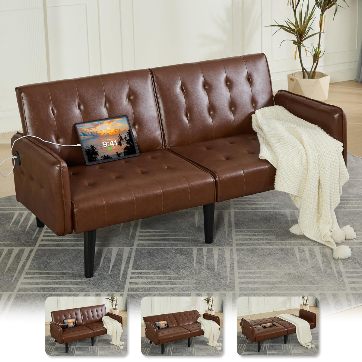 Convertible Futon Sofa Bed with USB