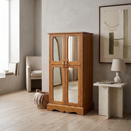 Mirrored Jewelry Armoire with Drawers & Necklace Hooks