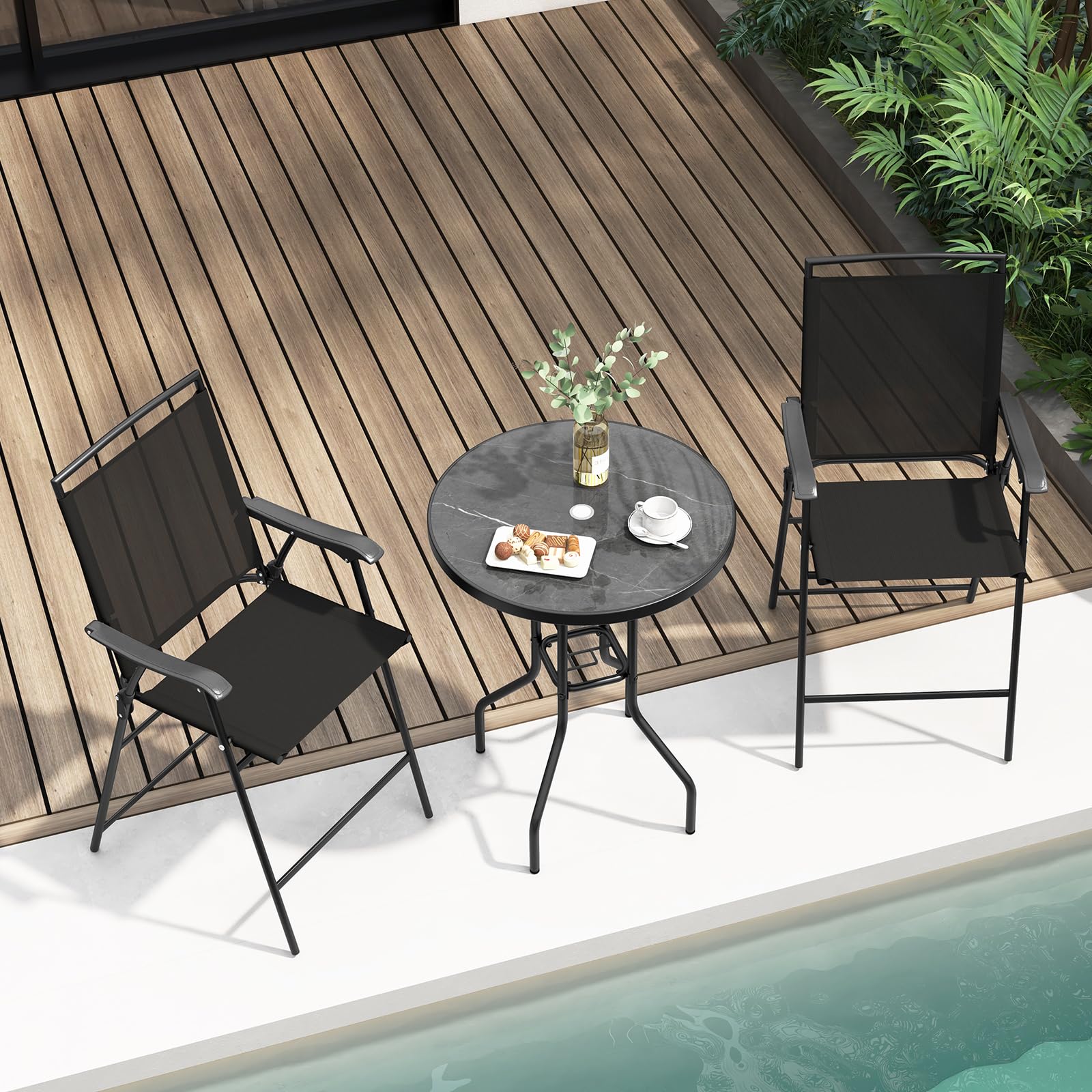 3-Piece Outdoor Patio Bar Set with Round Table & Folding Counter Height Chairs
