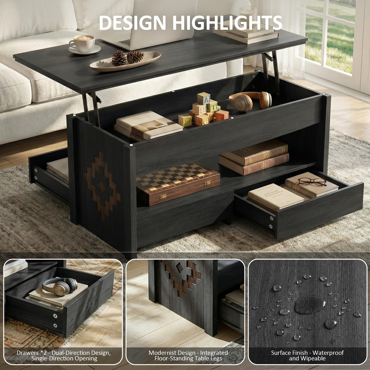 nesture. 41" Coffee Tables for Living Room, Lift Top Coffee Table with 2 Drawers and 1 Hidden Compartment,1 Open Shelf,Global Style with Wooden Lift Tabletop,Black