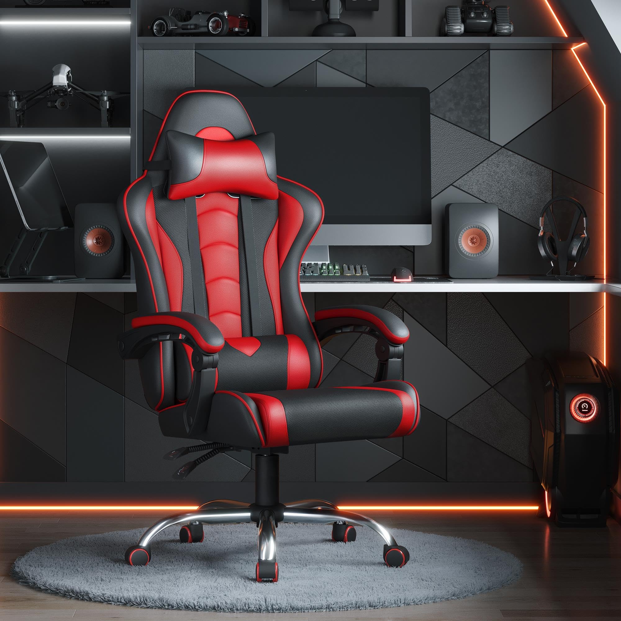 Yaheetech Gaming Chair, Computer Office Chair with Headrest and Massage Lumbar Support, Height Adjustable Ergonomic Chairs with Swivel Seat, Black/Red