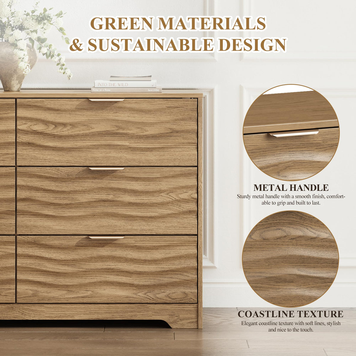 MALOL 55" Wide Coastline Fluted 6 Drawers Dresser for Bedroom,Walnut