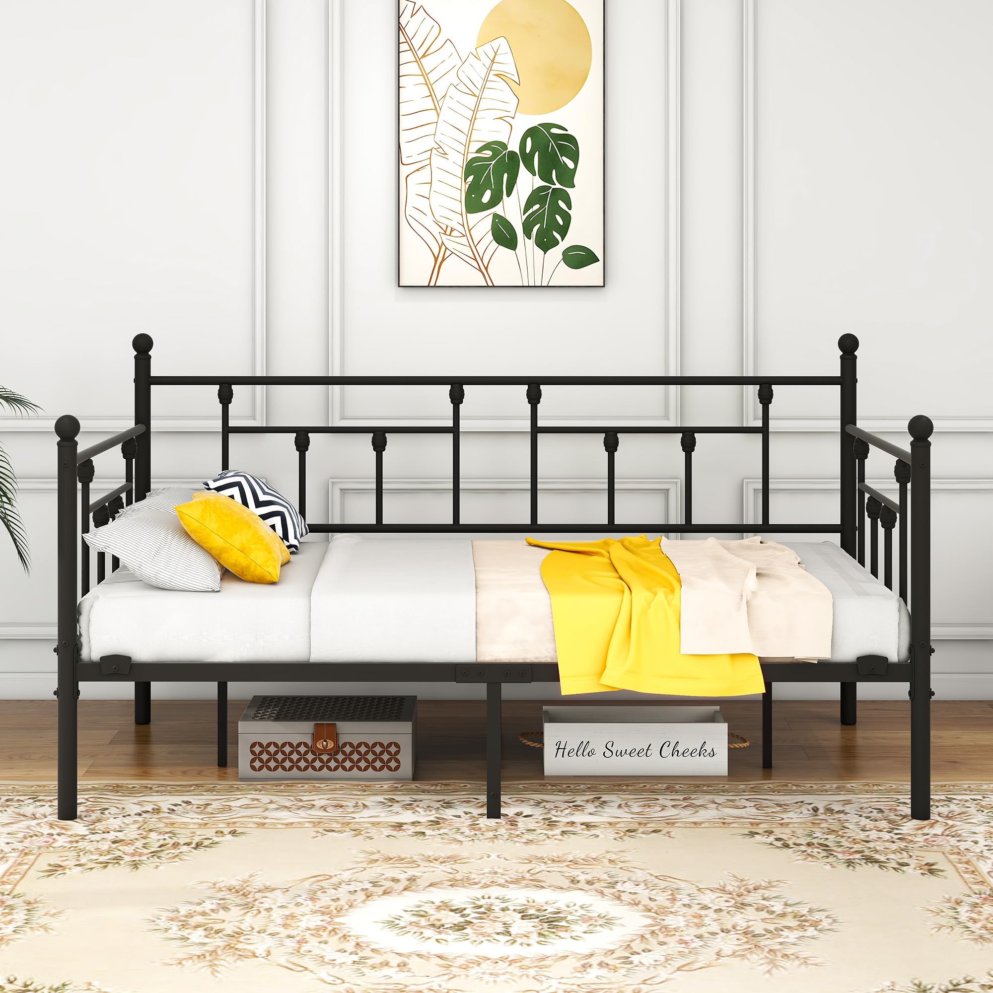 HAHRIR Metal Daybed Frame with Steel Slats Platform Furniture, Twin Size with Multifunctional Mattress Foundation, Black