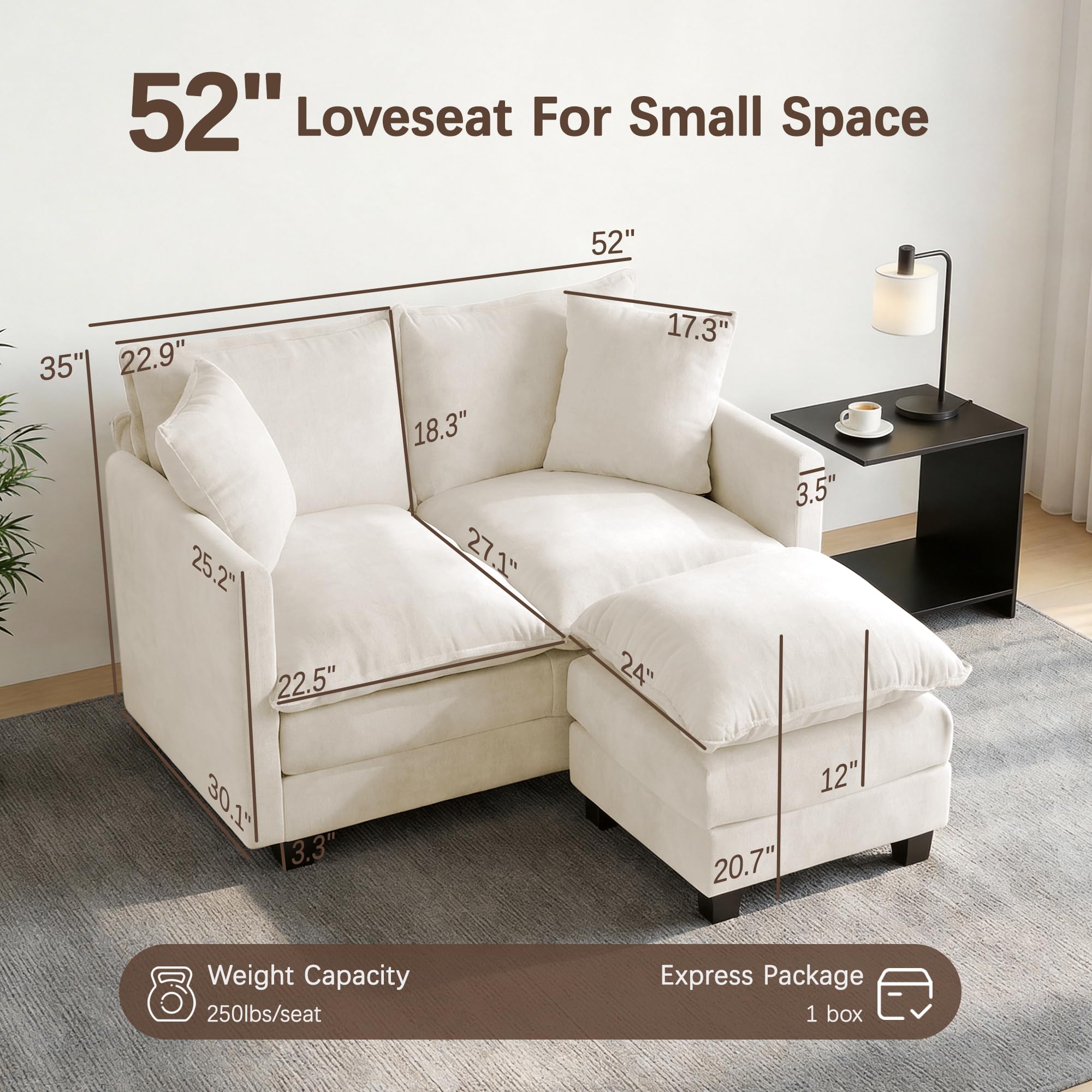 Chenille Cloud Loveseat with Deep Seat, 2 Pillows & Optional Ottoman