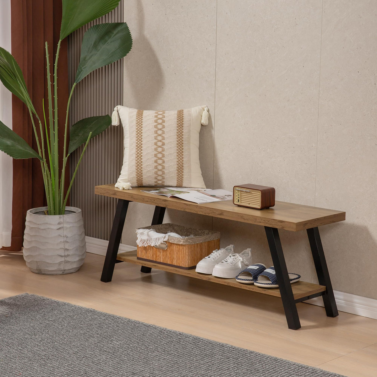 Rustic Oak Shoe Storage Bench