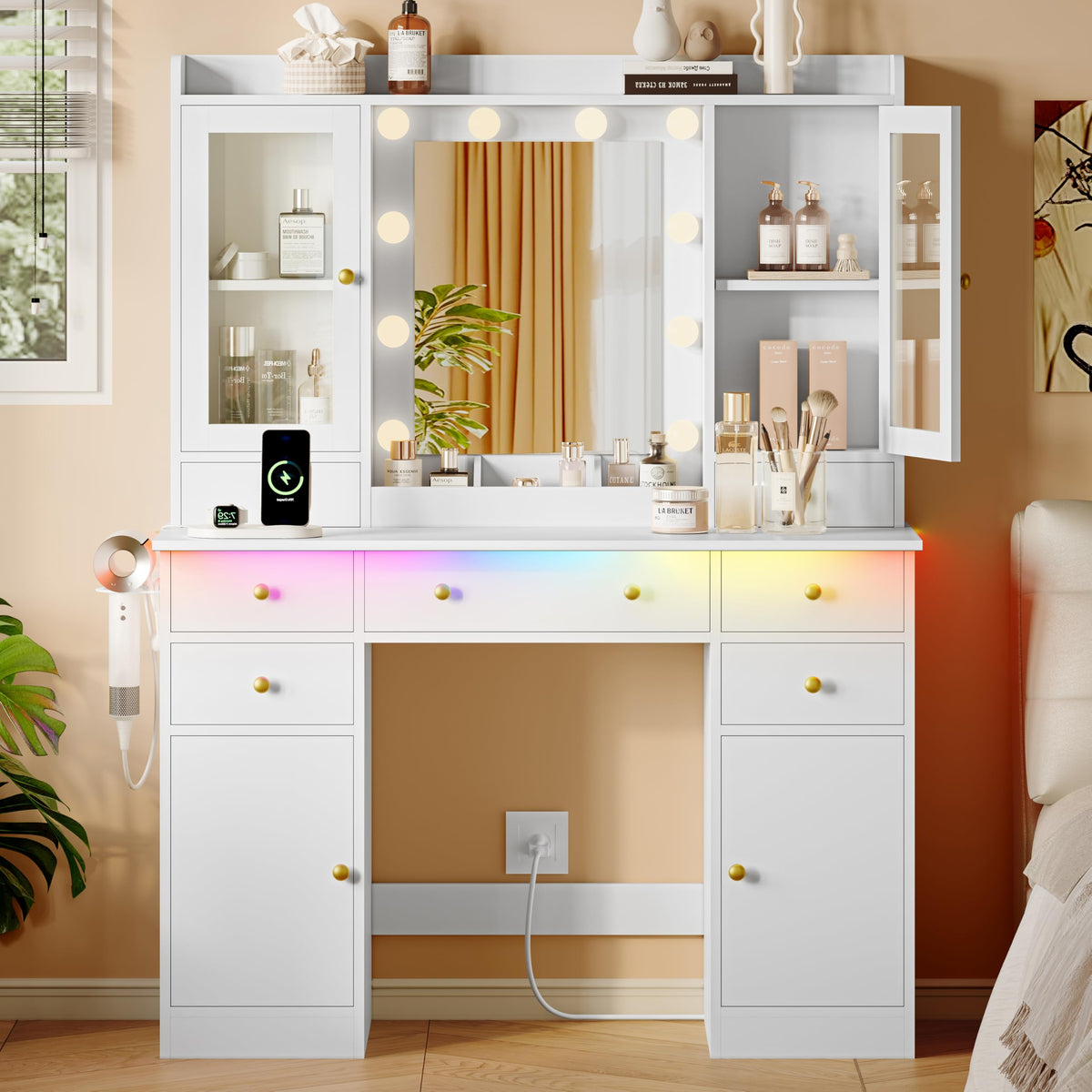 Xixini 44" Vanity Desk with Mirror & Lights, Glass Storage Cabinets, White
