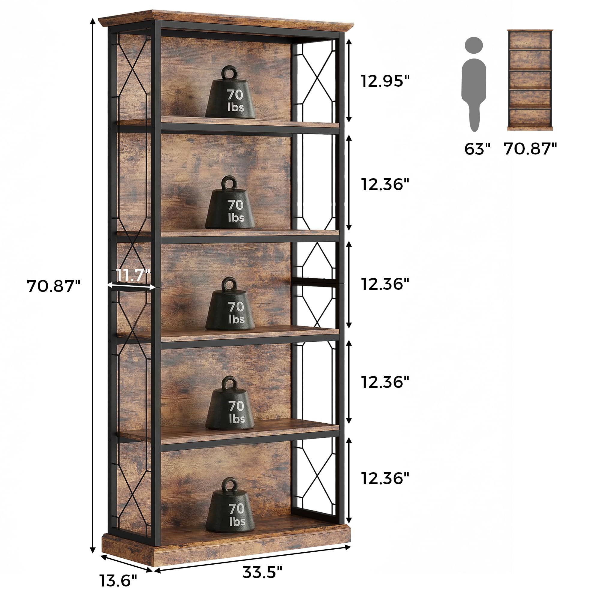 IRONCK 71 Inch Industrial Bookshelf, 5 Tier Tall Bookshelf and Bookcase to Display and Collect, Thicken Wood Rustic Book Shelf with Thicken Metal Frame for Living Room and Bedroom, Rustic Brown