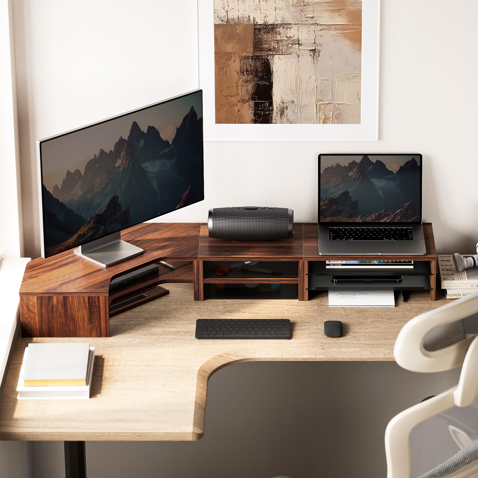 Corner Dual Monitor Stand with Drawer & Storage