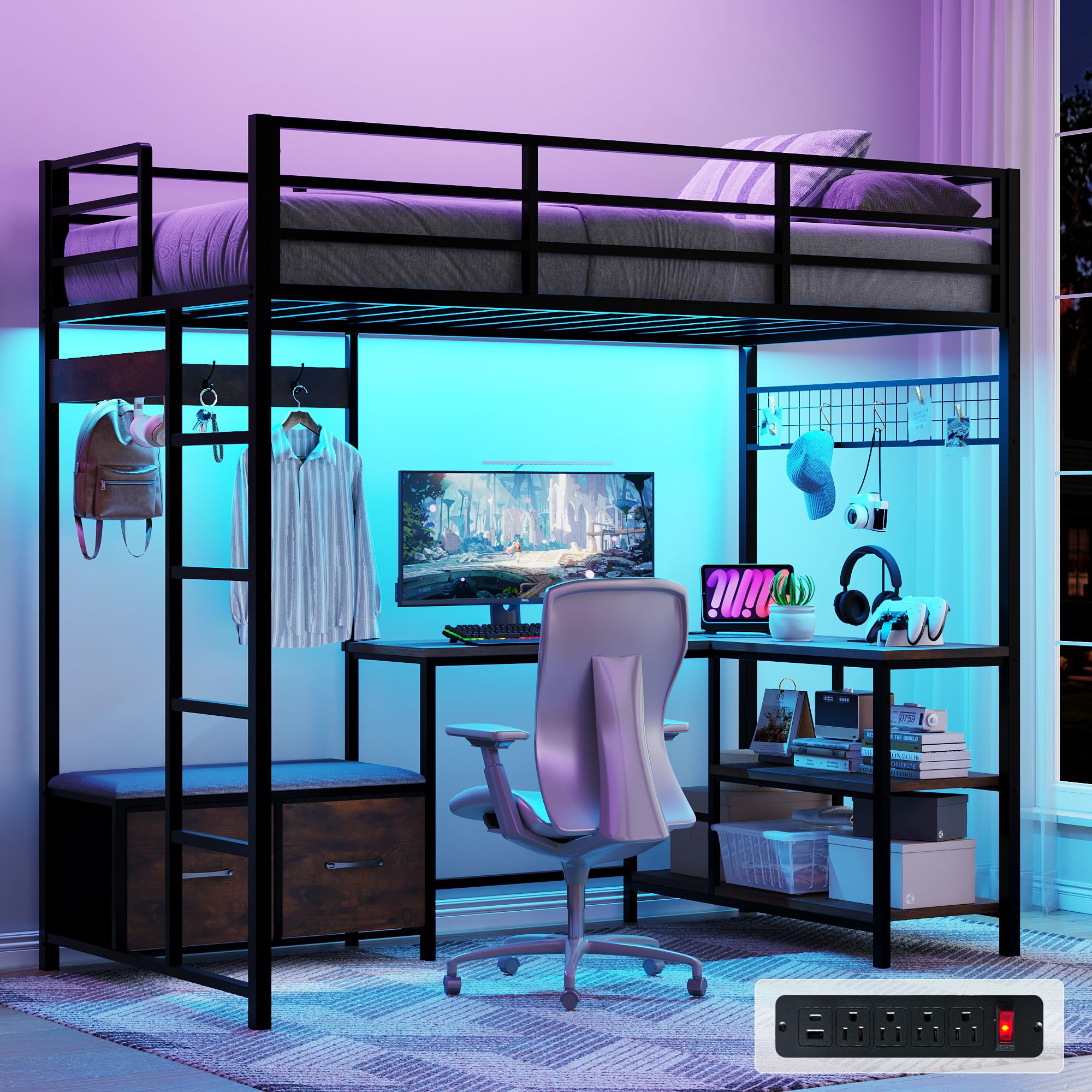 Vabches Twin Loft Bed with L-Shaped Desk,LED Lights,Charging Station,Metal Kids Loft Bed Twin Size with Storage Drawers,Coat Rack,Safety Guardrail & Ladder for Teen,Rustic Brown