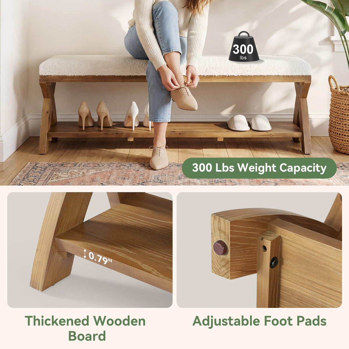 Upholstered Wood Shoe Storage Bench