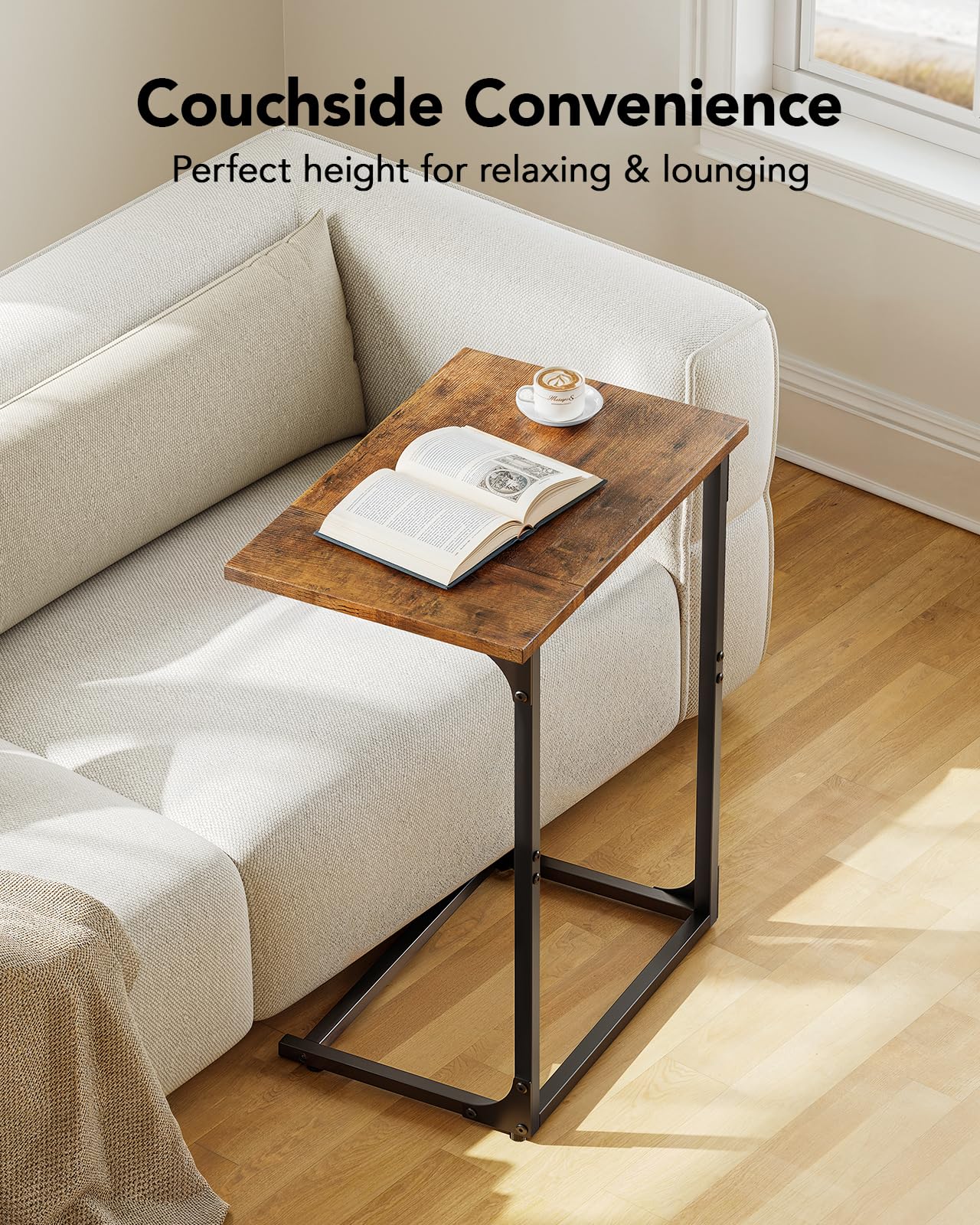 Pipishell C-Shaped Side Table, C Table for Sofa with Two-Piece Desktop & Metal Frame, Large Surface End Table for Living Room, Bedroom, Beside, and Home Office, Rustic Design