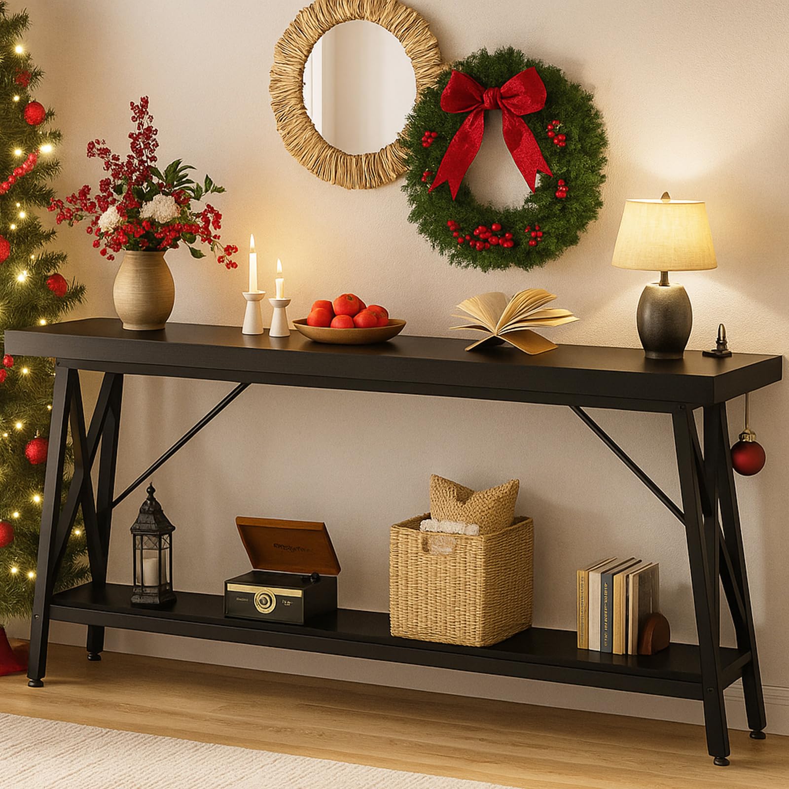 Homieasy 70.9 Inch Extra Long Console Table, Industrial Sofa Table Behind Couch with Charging Station & Storage Shelf, Entryway Table for Living Room & Entryway, Black
