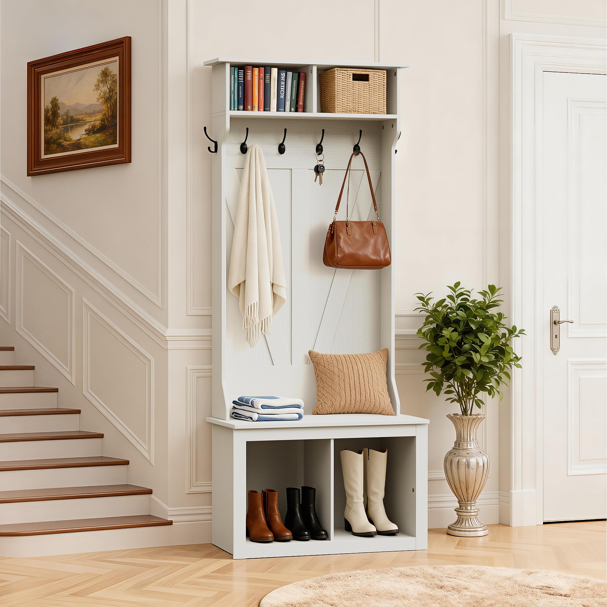 Farmhouse Hall Tree with Bench & Shoe Storage