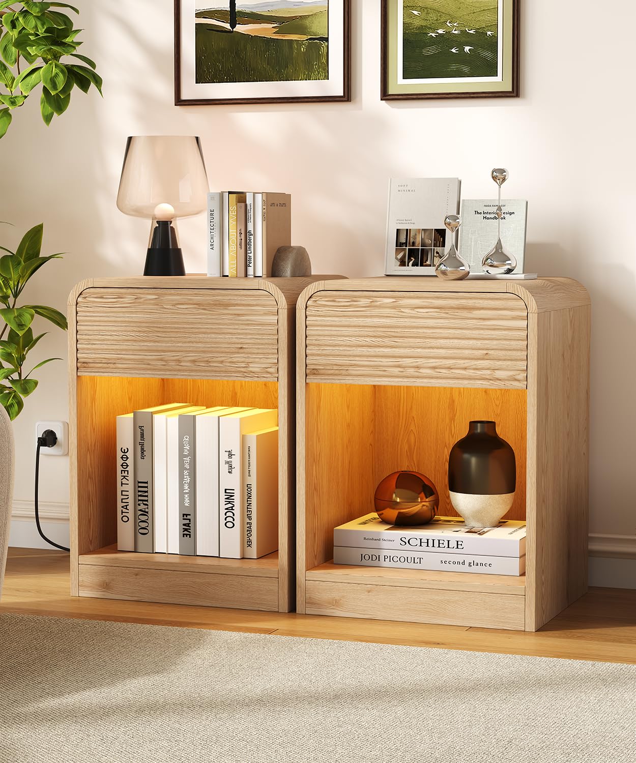 Fluted Nightstands Set of 2 with LED & Charging Station