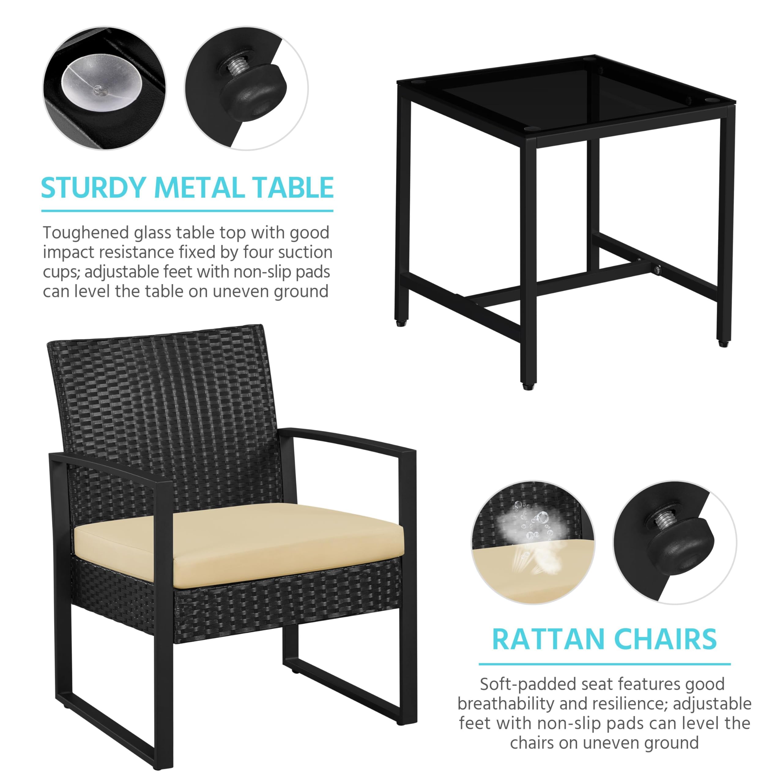 3-Piece Rattan Bistro Set with Tempered Glass Coffee Table