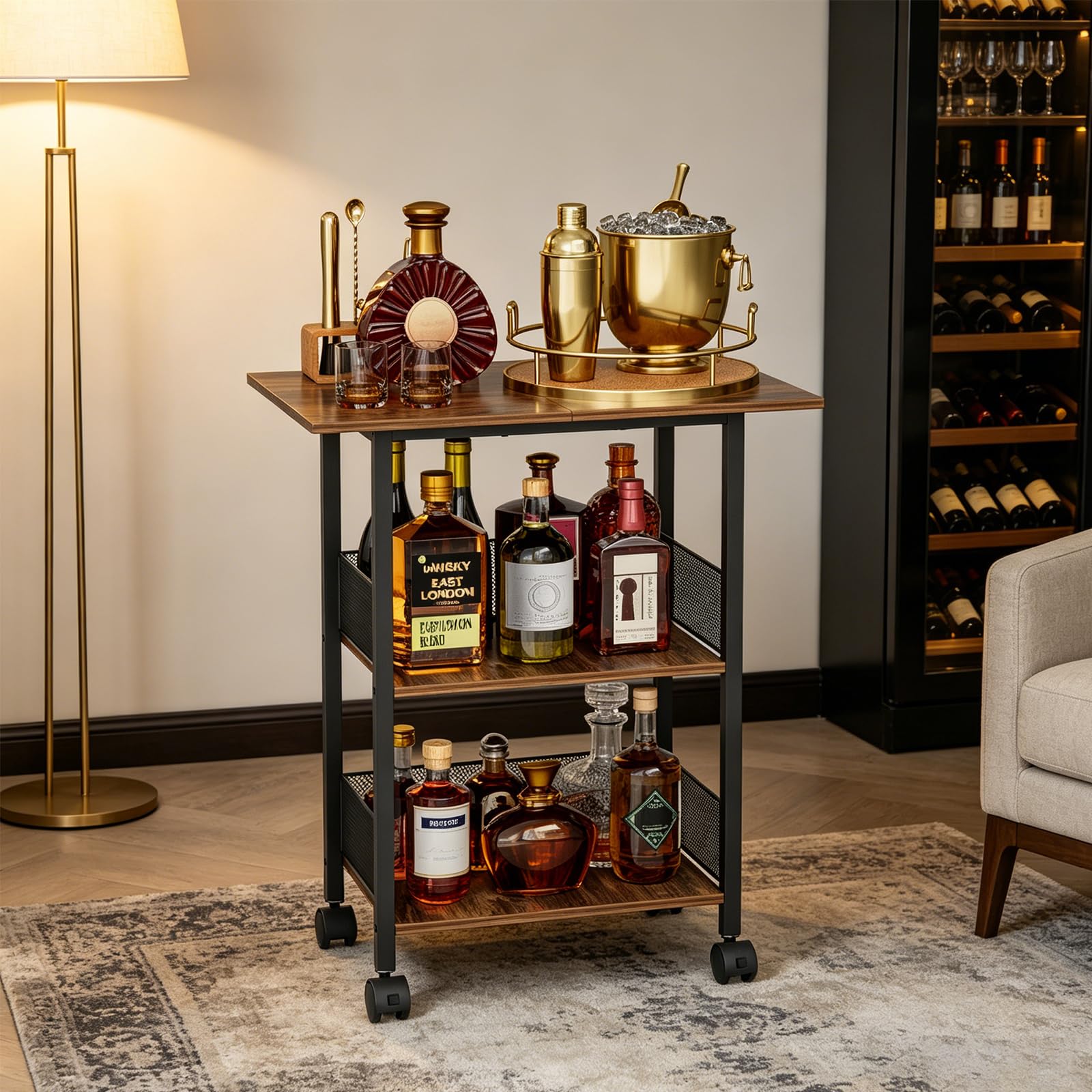 3-Tier Bar Cart with Lockable Wheels