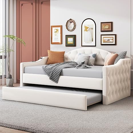 Velvet Tufted Daybed with Trundle & USB Charging
