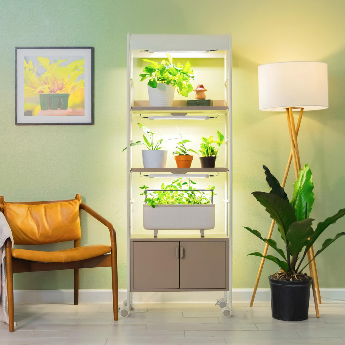 Vego garden 4 Tier Rolling Metal Corner Plant Stand Indoor with Grow Light, Display Shelf with Storage & Full Spectrum LED Grow Light, Plant Rack for Seed Starting, Leafy, Herbs, Fruits & Microgreens