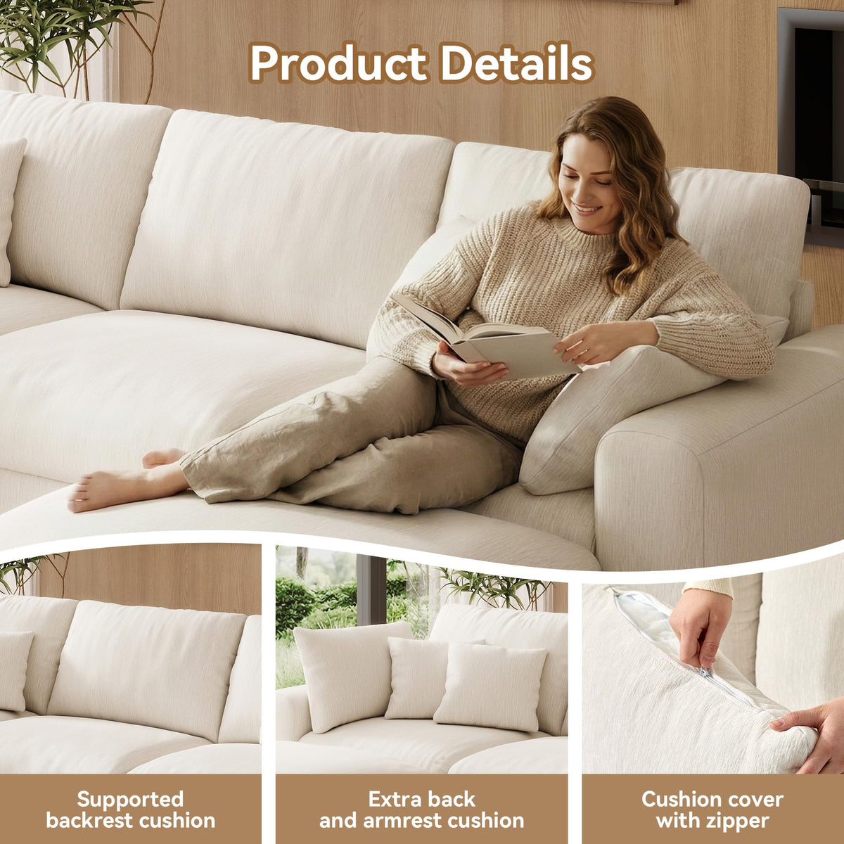 WorthFurni 140” Oversized Cloud Sectional Couches for Living Room, Modern Modular Sectional Sofa with Deep Seat, Convertible U Shape Couch with Storage Ottoman for Apartment, Chenille (Warm White)