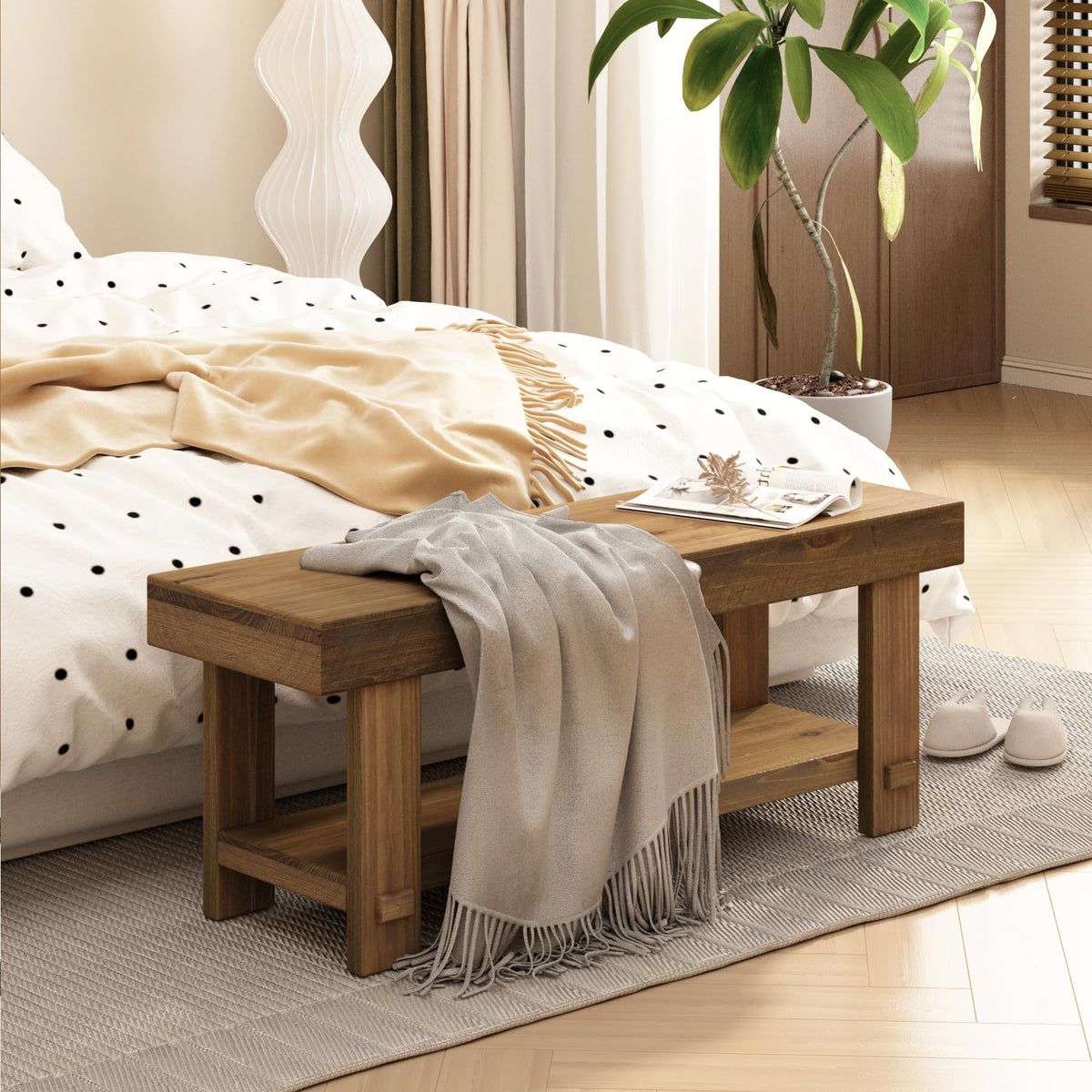 HOKYHOKY Solid Wood Entryway Bench - 42.6" Farmhouse Long Narrow Benches