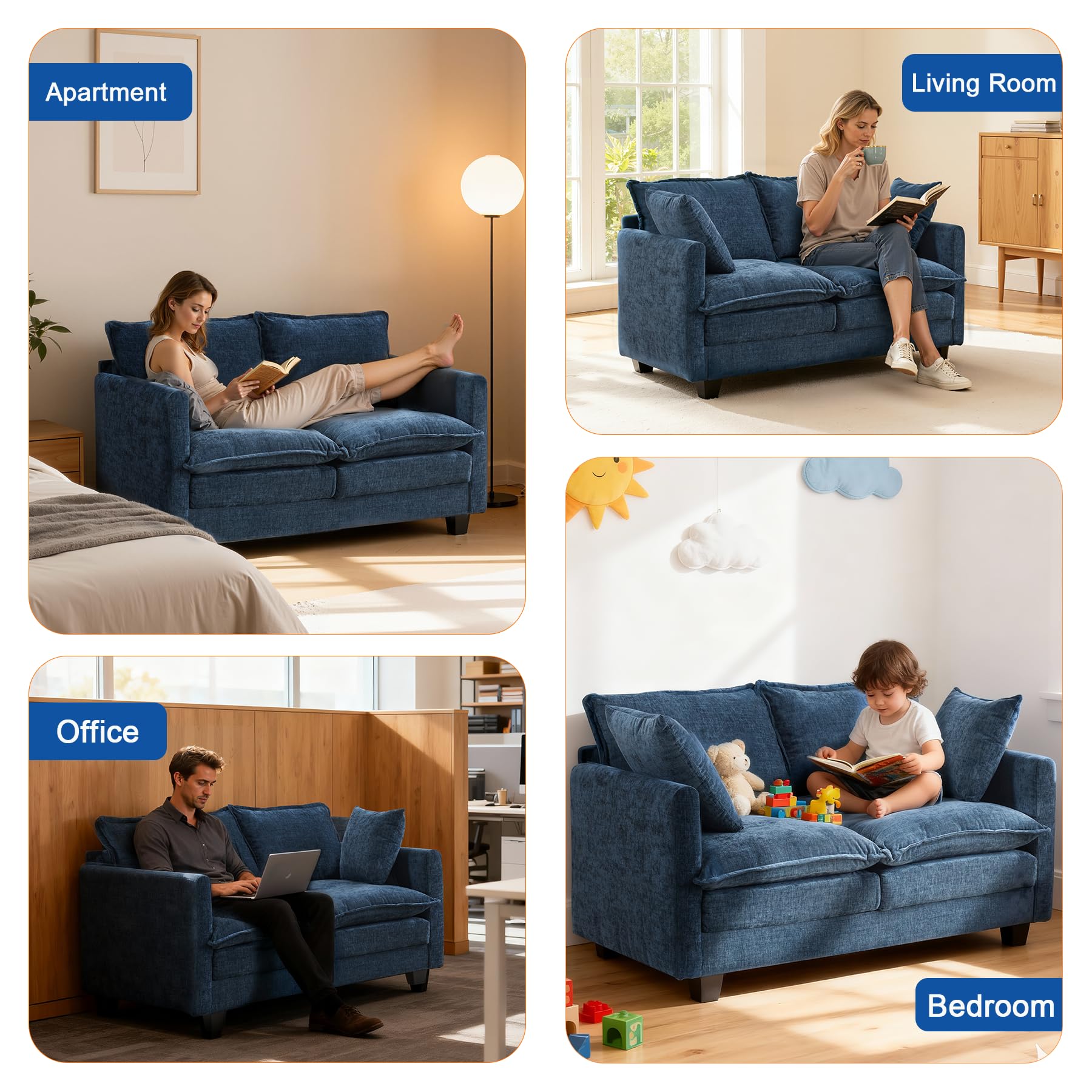 MUDANT Loveseat Sofa Cloud Sofa Couch 50'', Modern Loveseats 2 Seat Couch 27" Deep Seat with 2 Pillows for Small Spaces Apartment Studio Office Bedroom Living Room 8834-BLUE