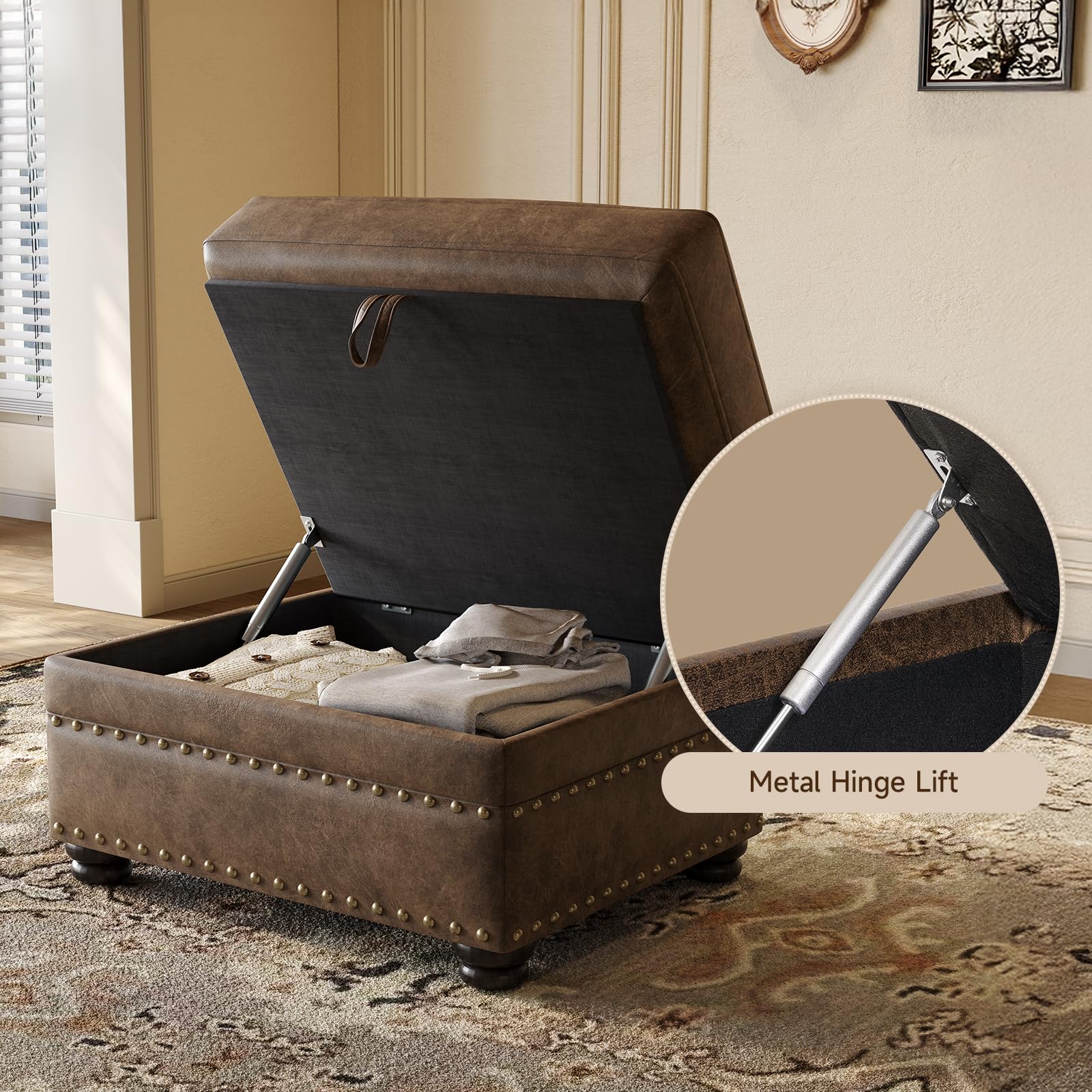 Faux Leather Storage Ottoman with Nailhead Trim