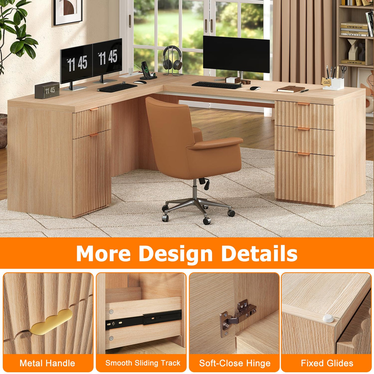 Natural Oak Fluted L-Shaped Desk