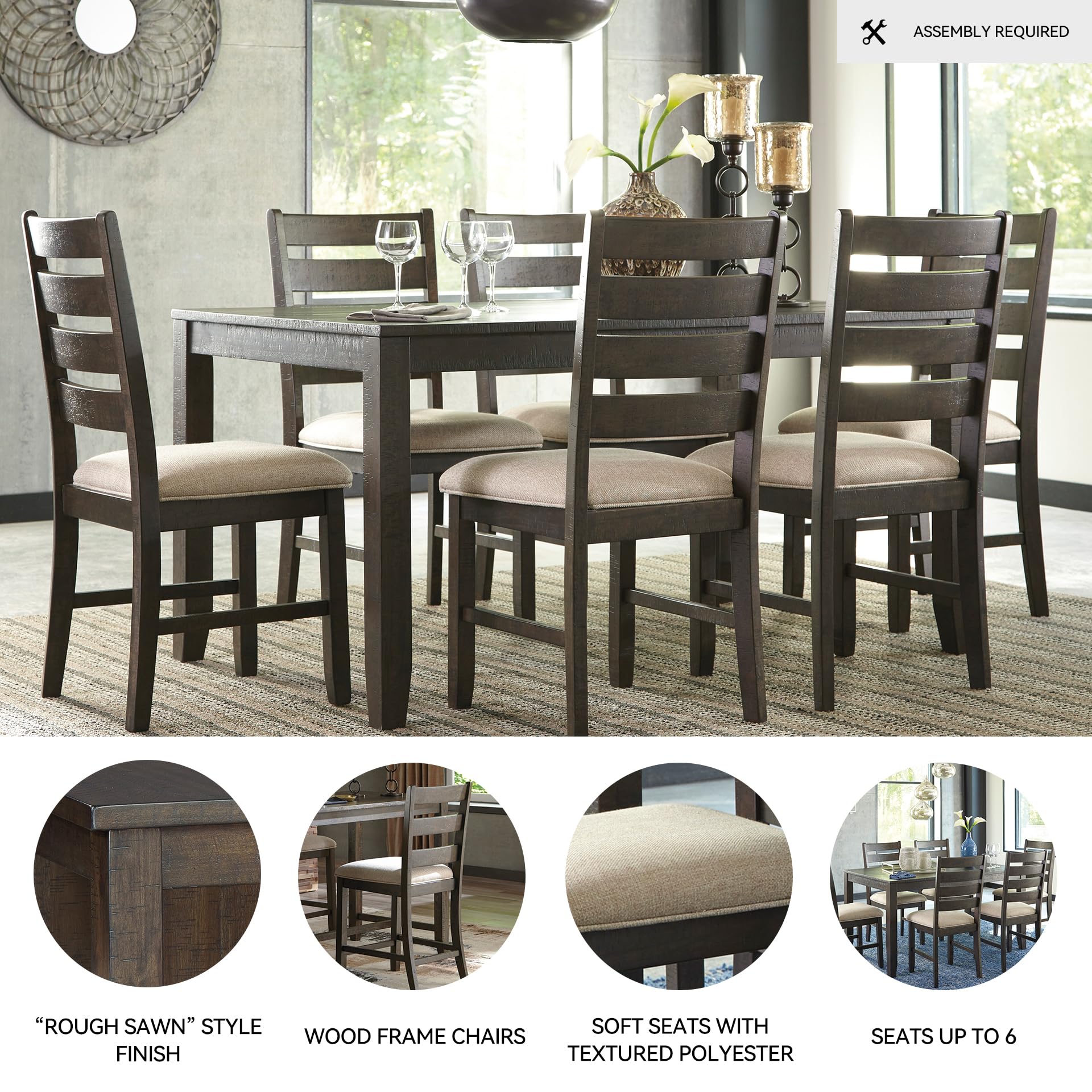 Signature Design by Ashley Rokane 7-Piece Dining Room Table Set with 6 Upholstered Chairs - Brown Wood 20" Rectangular Table & Chair Set for Kitchen Dining Room