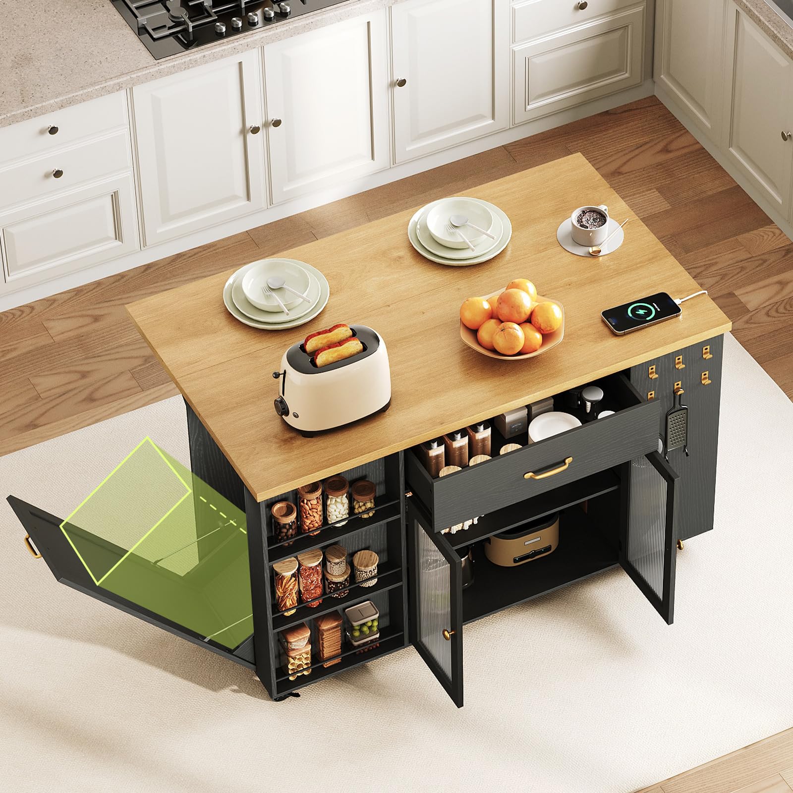 STHYTON Kitchen Island with Drop-Leaf and Charging Station, Mobile Kitchen Cart on Wheels, 2 Storage Drawers, Trash Cabinet, 3-Tier Open Shlves, Island Table for Kitchen, Dinner, Black and Natural