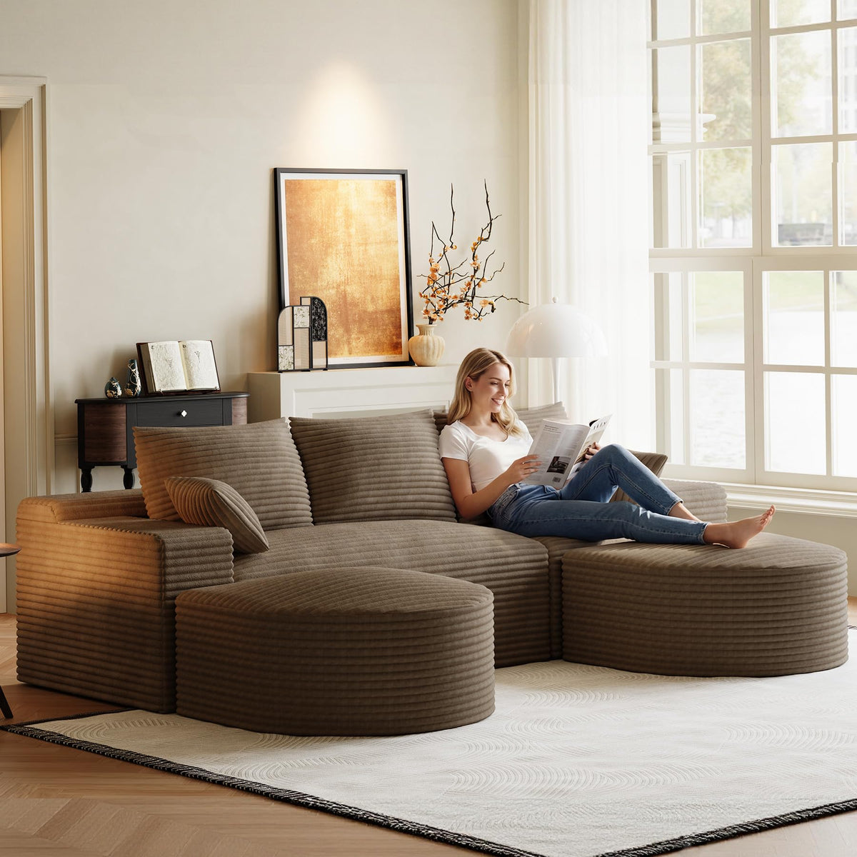 U-Shaped Modular Boneless Sectional Sofa with Curved 2 Ottomans, Dark Brown