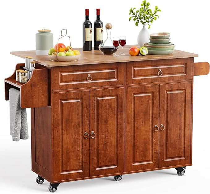 Kitchen Island Cart with Rubber Wood Top, Storage Cabinets & Drawers