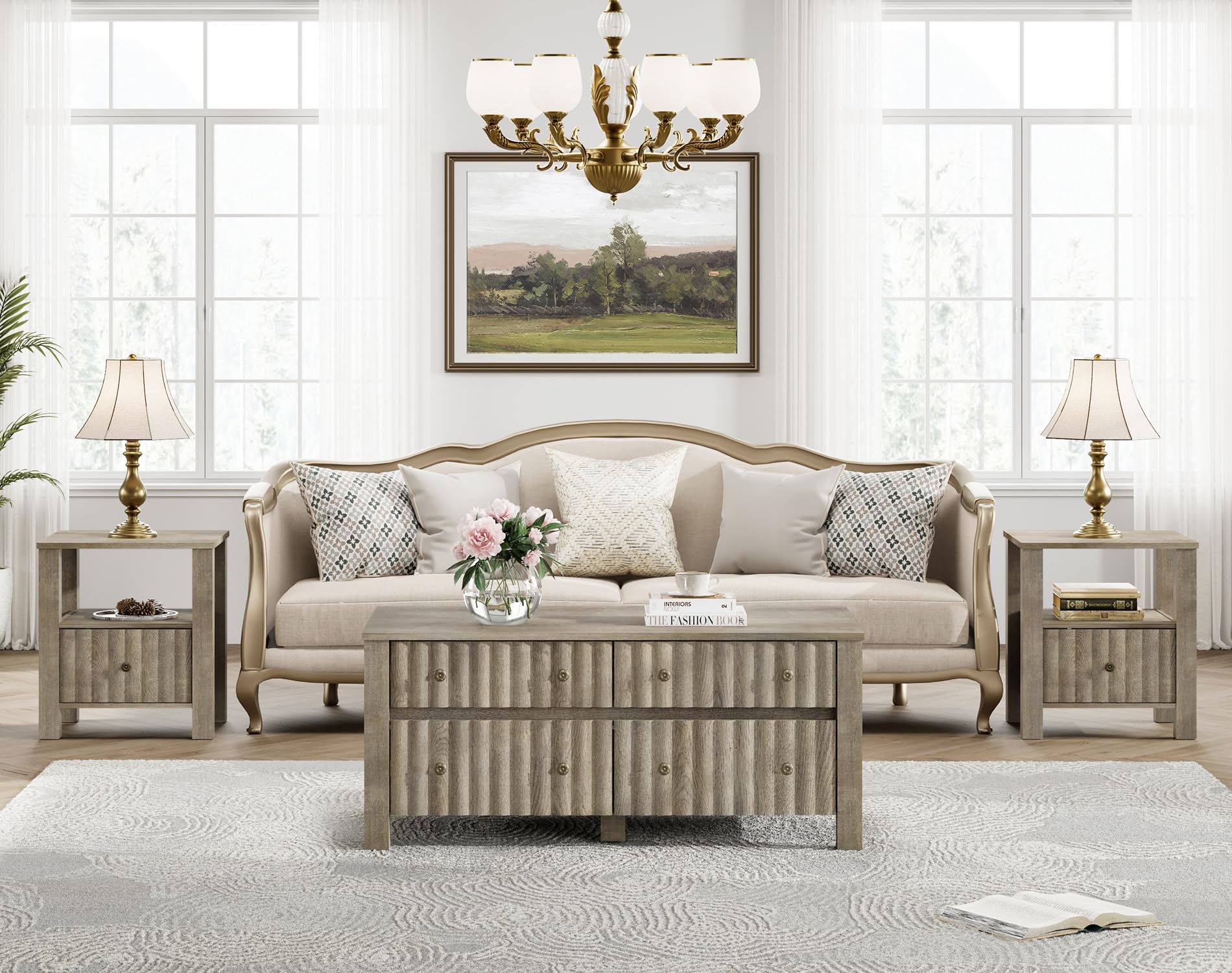 WAMPAT 2 Pack Modern Coffee Table, Rectangle Coffee Table with Sliding Storage Drawers, Center Table with Thick Wood Legs for Living Room, Vintage Grey