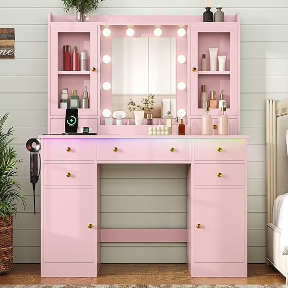 Vanity Desk with Mirror, Lights & Power Outlet – 7 Drawers, 2 Cabinets