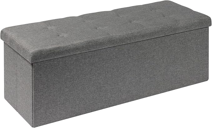 Folding Storage Ottoman Bench with Faux Leather Upholstery