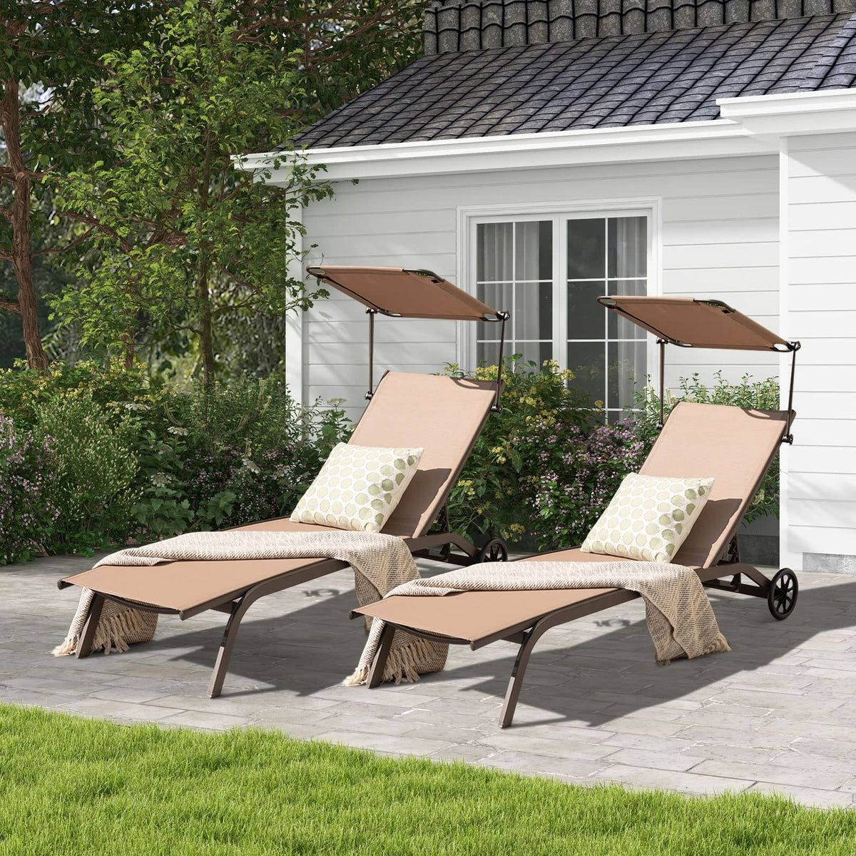 GIANTEX Set of 2 Outdoor Chaise Lounge Chair, Tanning Chair with Sunshade, Smooth Wheels, 6-Level Adjustable Position, Cup Holder, Metal Frame, Patio Chaise Lounge for Sunbathing, Yard, Poolside (2)