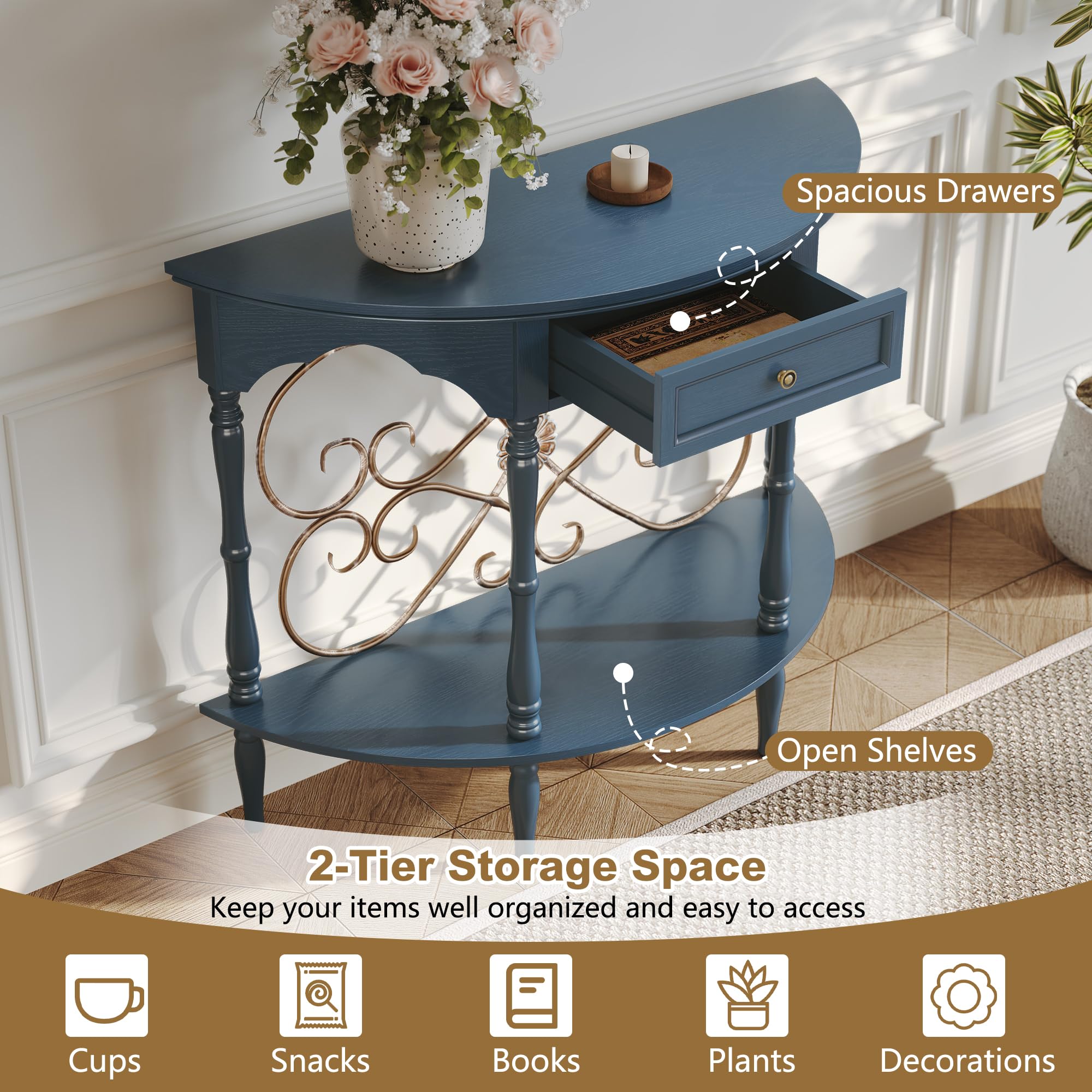 Half Moon Console Table with Drawer & Shelf