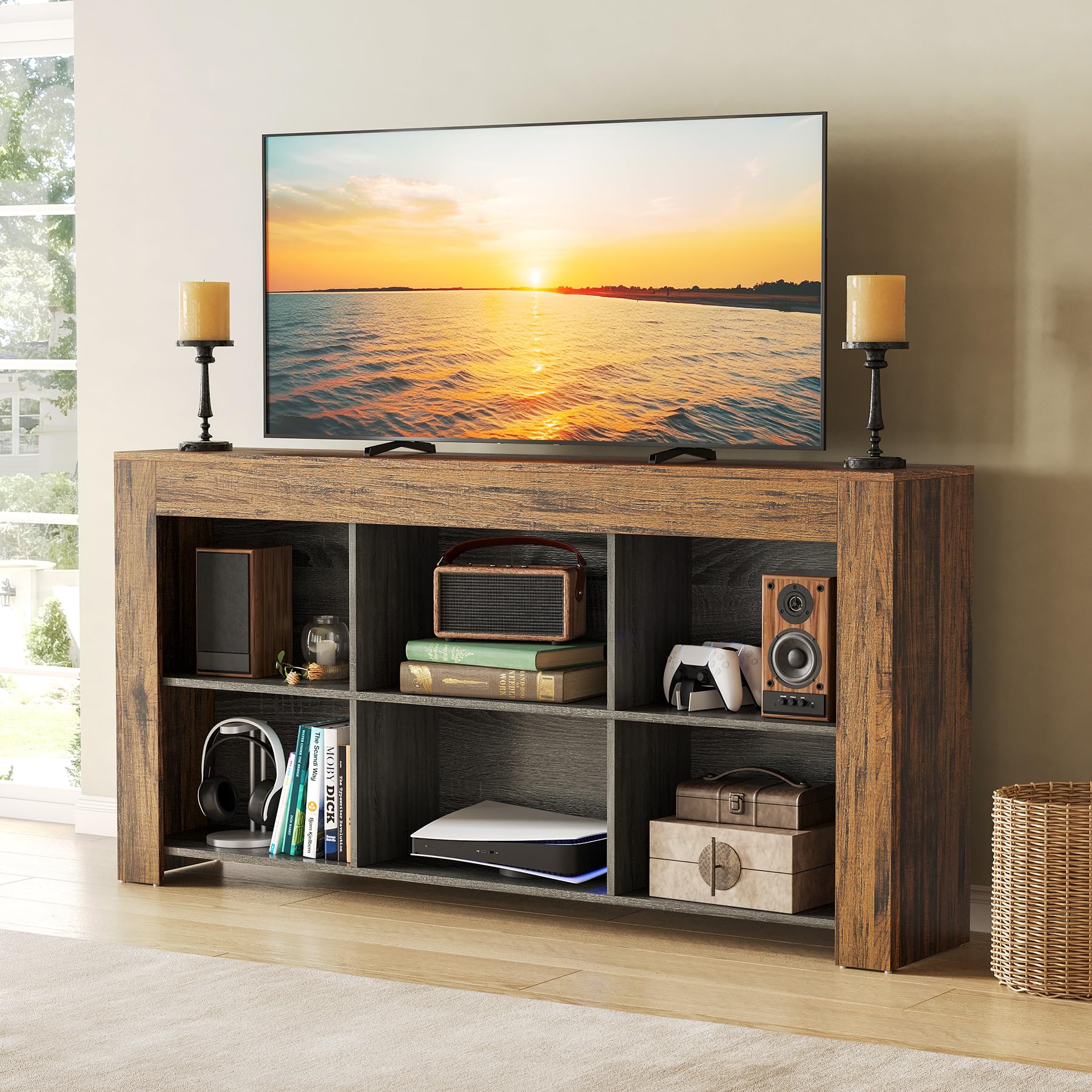 LITTLE TREE Console Table with Storage, 63-Inch Narrow Long Sofa Table, Entryway Table with 6 Cubes, Farmhouse Storage Shelves for Entryway, Living Room