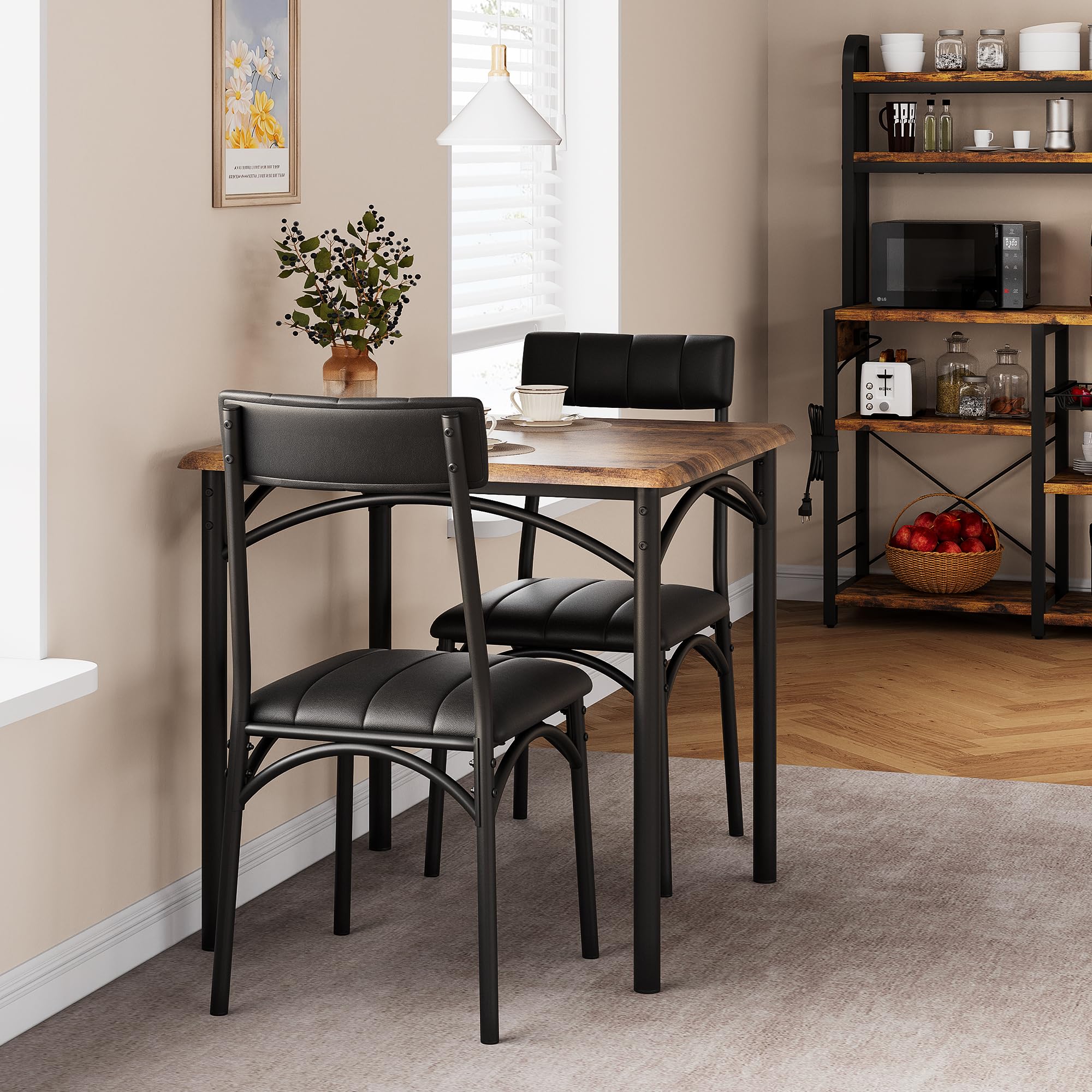 SLEKVERSA 3-Piece Dining Table Set for 2, Kitchen Table Set with 2 Upholstered Chairs, Square Dining Table Set for Apartment, Studio, Small Space, Brown