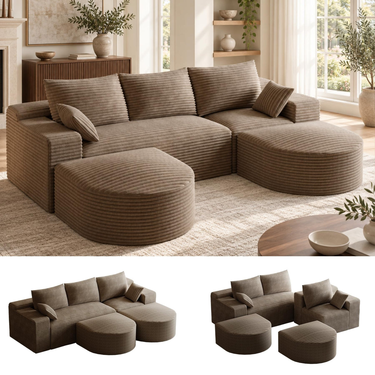 U-Shaped Modular Boneless Sectional Sofa with Curved 2 Ottomans, Dark Brown