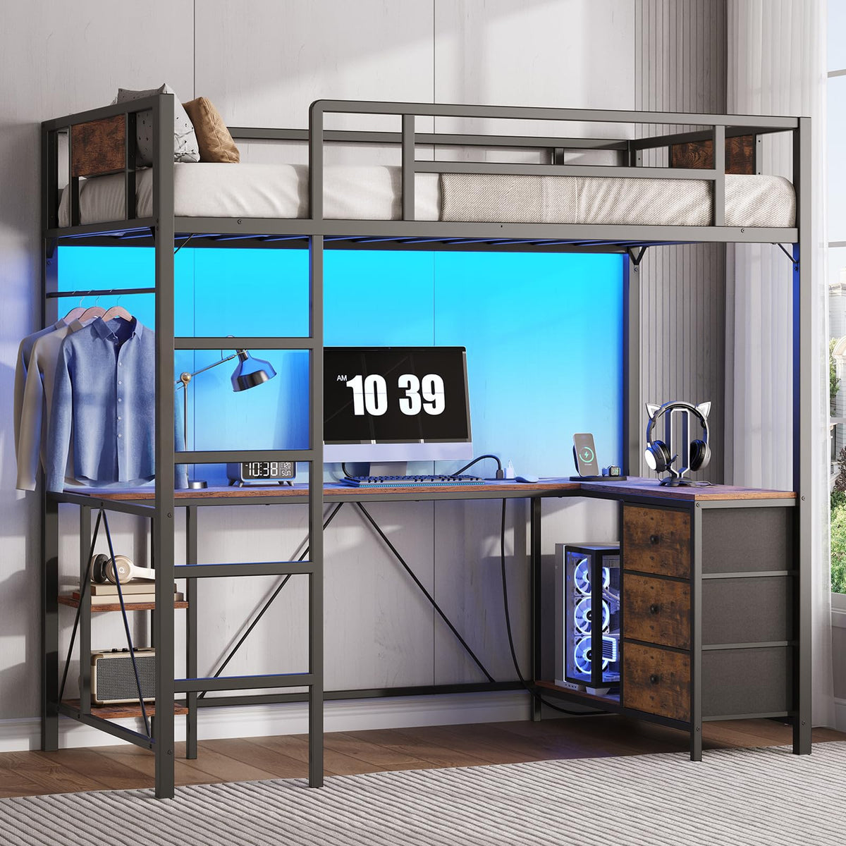 Twin Loft Bed with L-Shaped Desk
