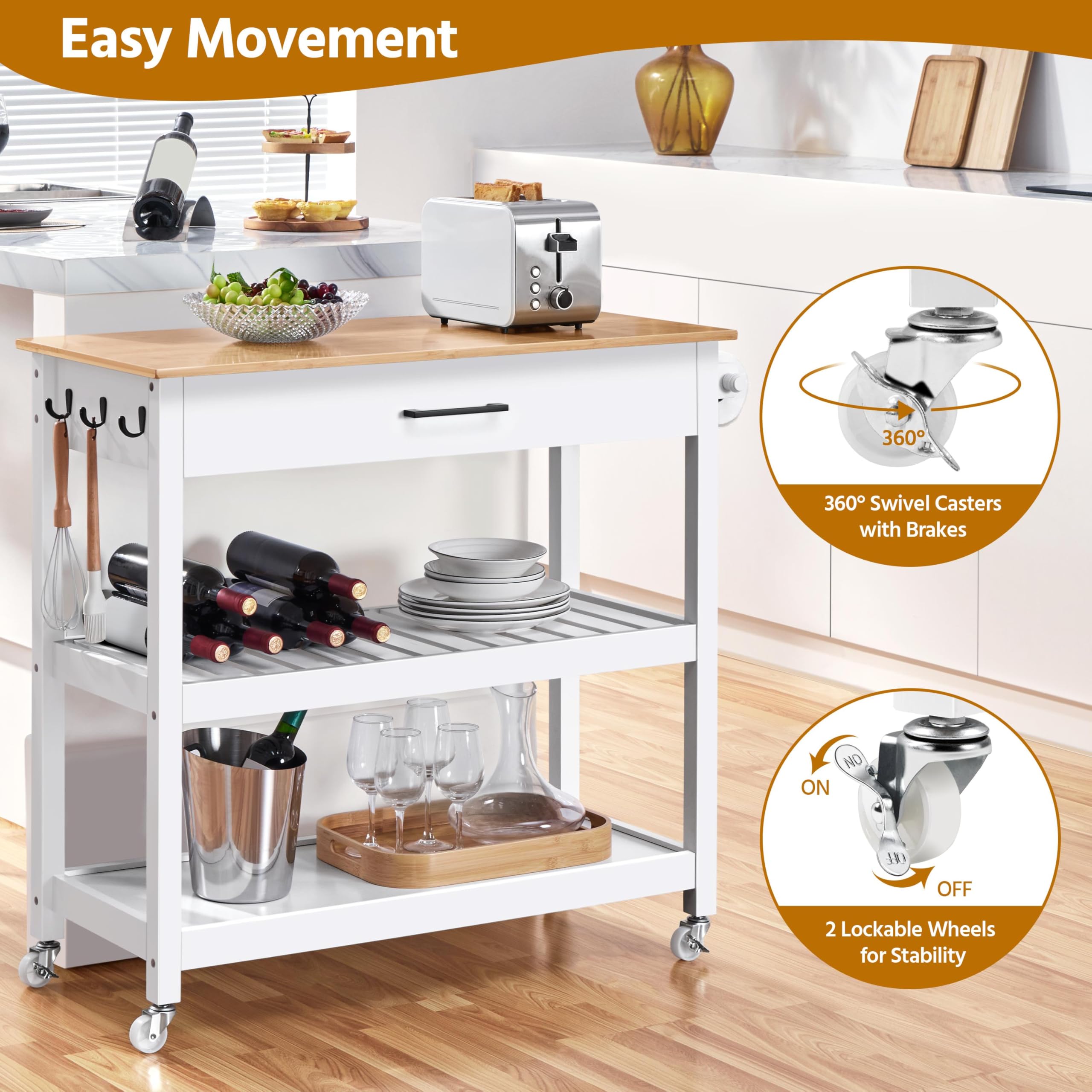 Kitchen Island Cart on Wheels with Drawer, Towel Bar & Hooks